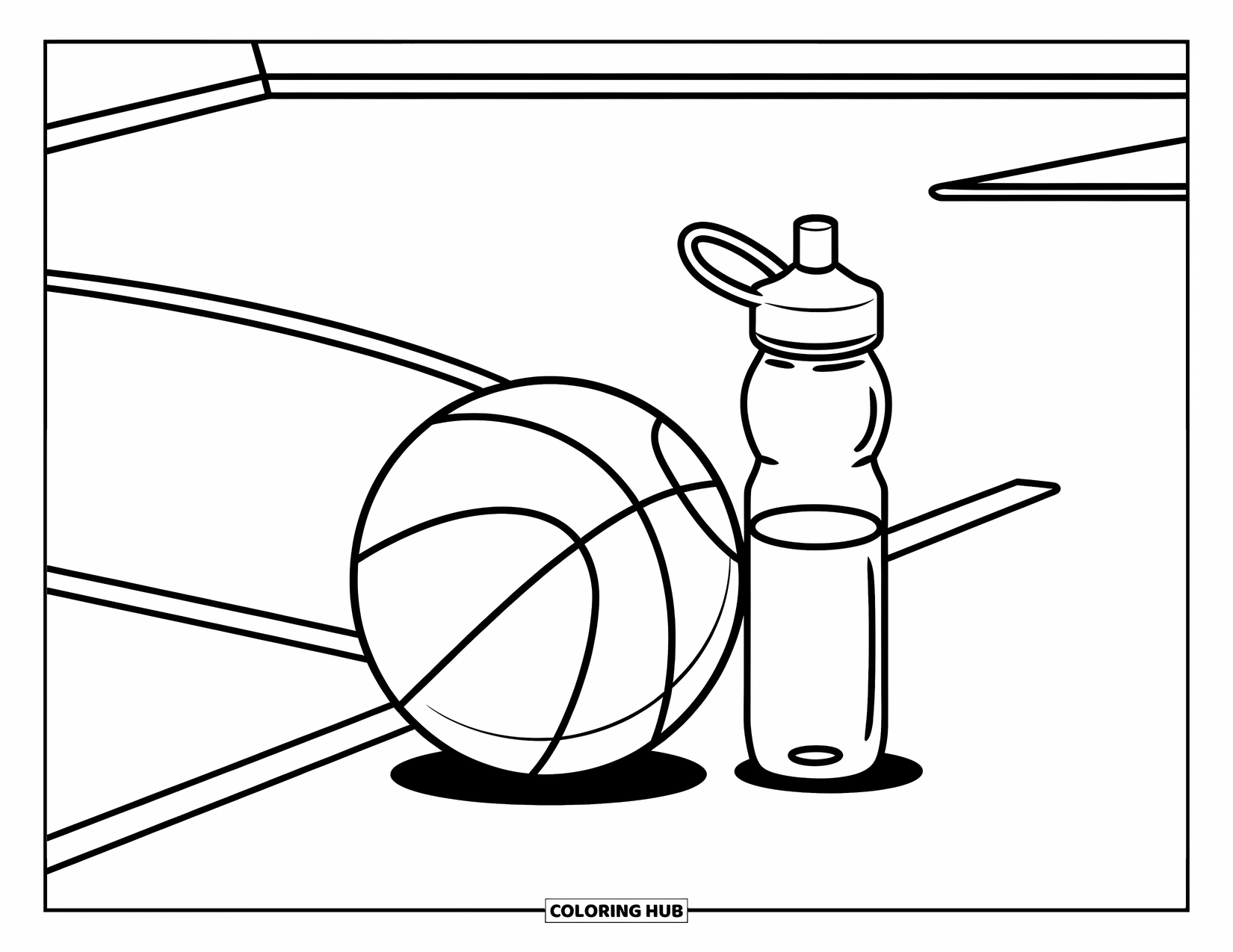 Basketbal Kleurplaat voor Kinderen: Een basketbal en waterfles zitten samen op een veld in cartoonstijl