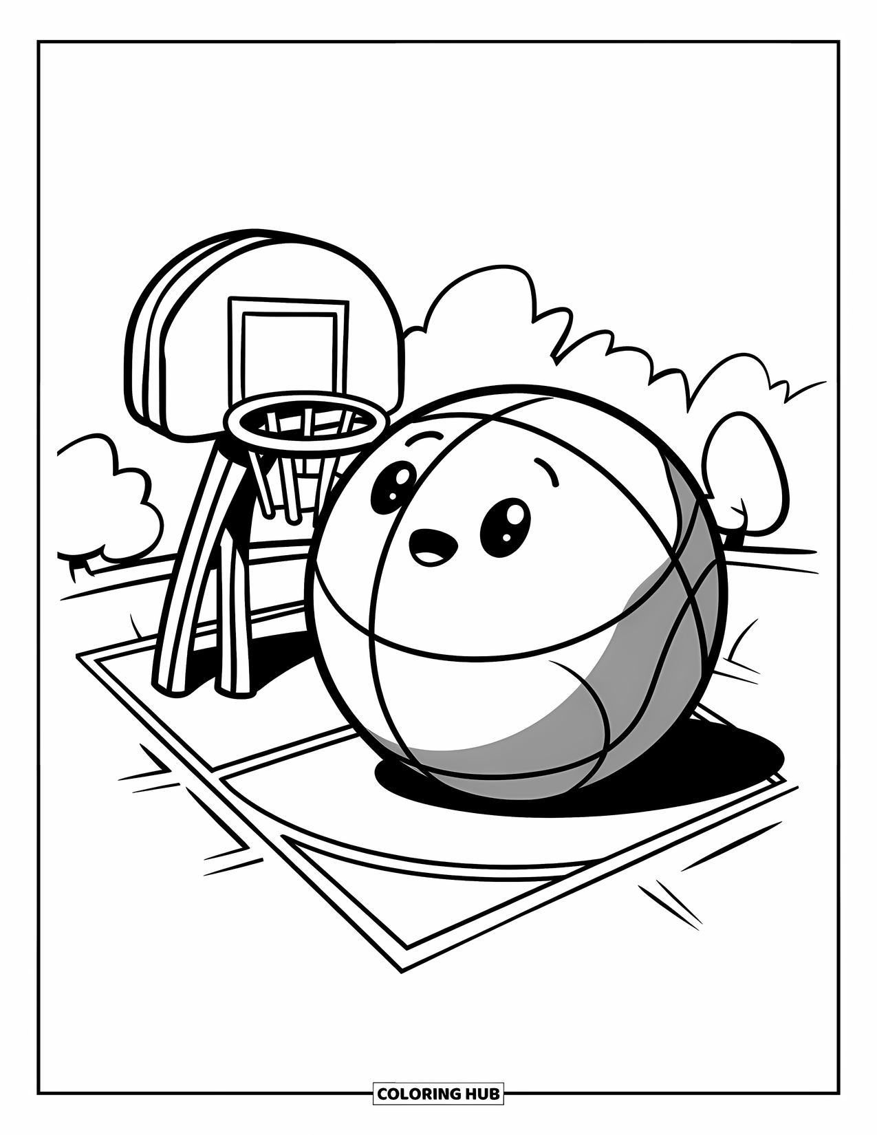 Basketbal Kleurplaat voor Kinderen: Een basketbal rust in de buurt van een houten basket, met een paar bomen achter zich