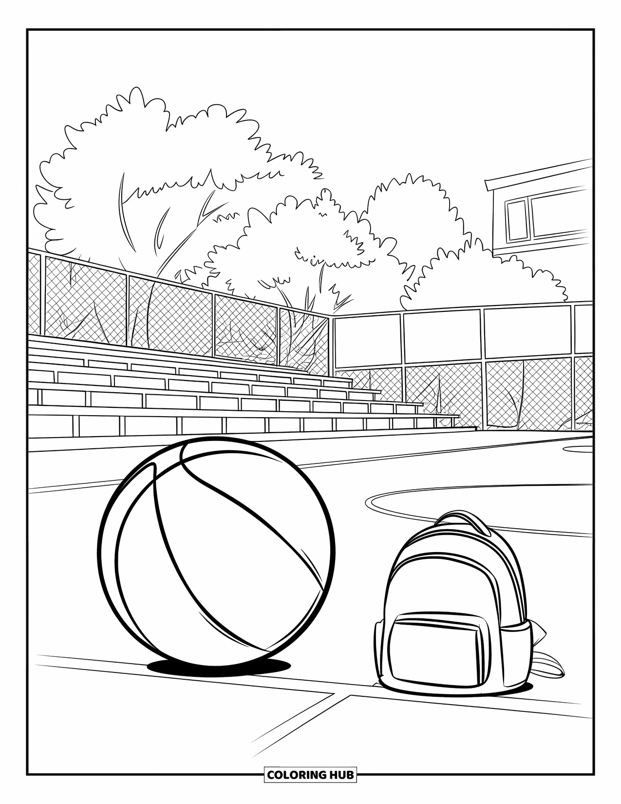 Basketbal Kleurplaat voor Kinderen: Een basketbal rolt over het veld met een rugzak in de buurt