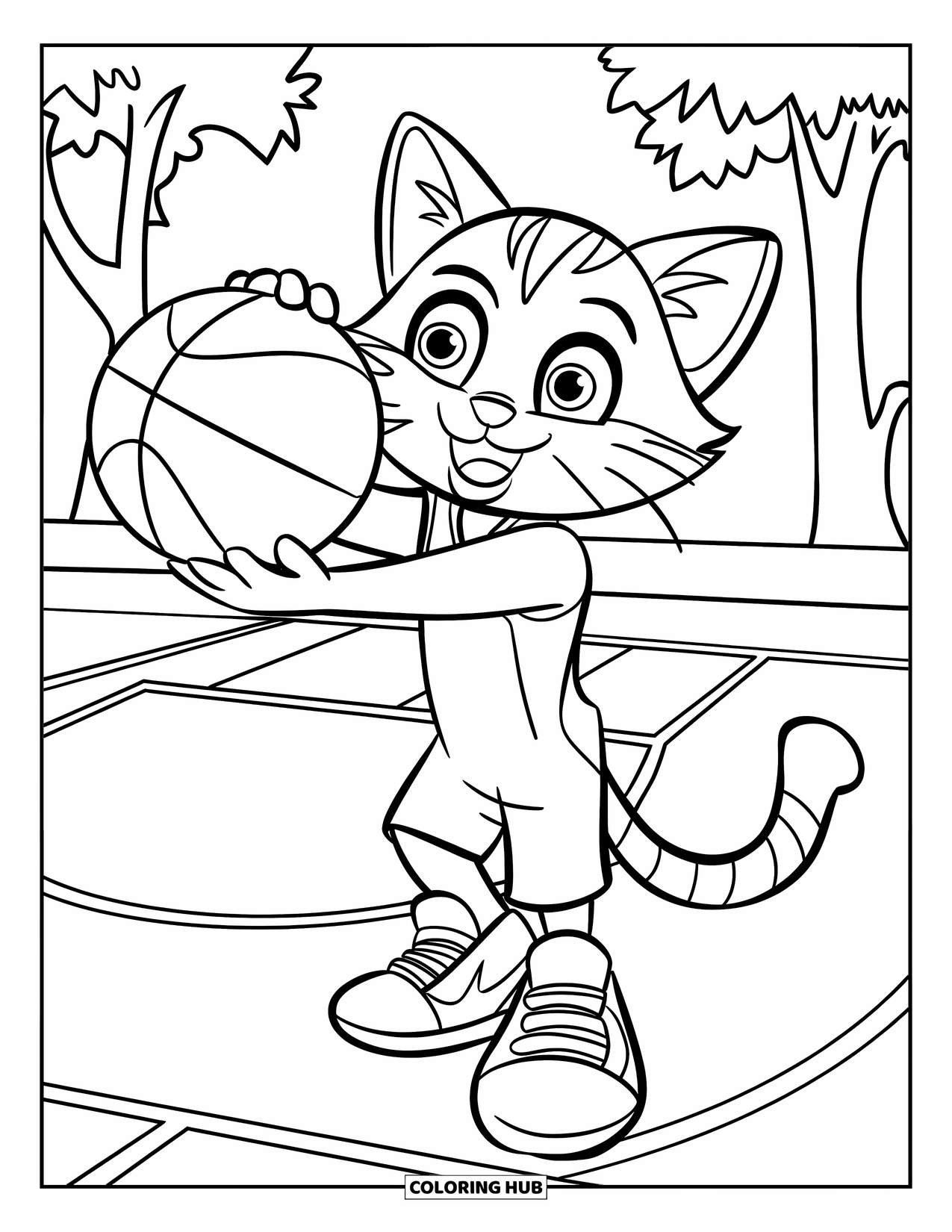 Basketbal Kleurplaat voor Kinderen: Een kat in sneakers balanceert een basketbal op een veld met bomen