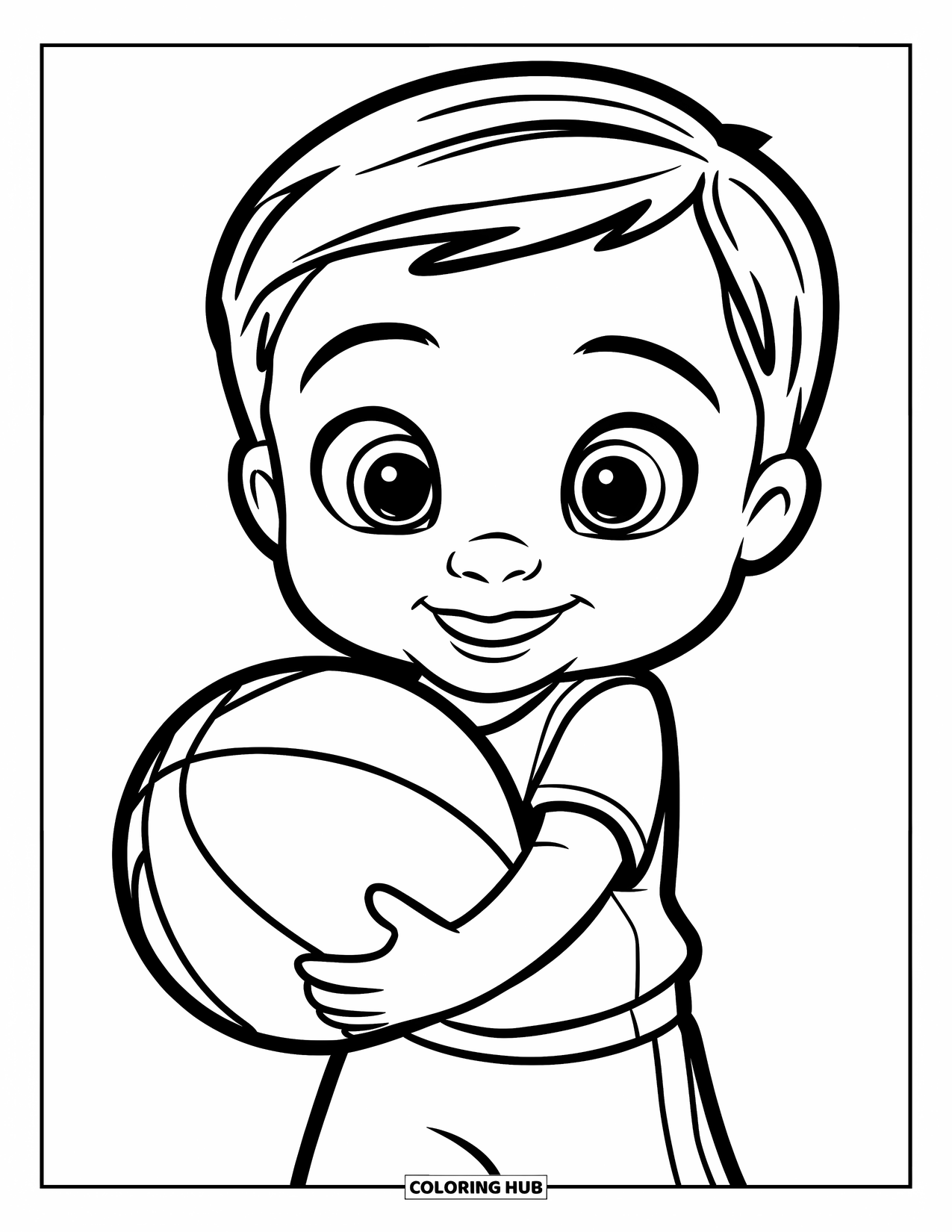 Basketbal Kleurplaat voor Kinderen: Een vrolijk kind houdt een basketbal vast en glimlacht met vreugde