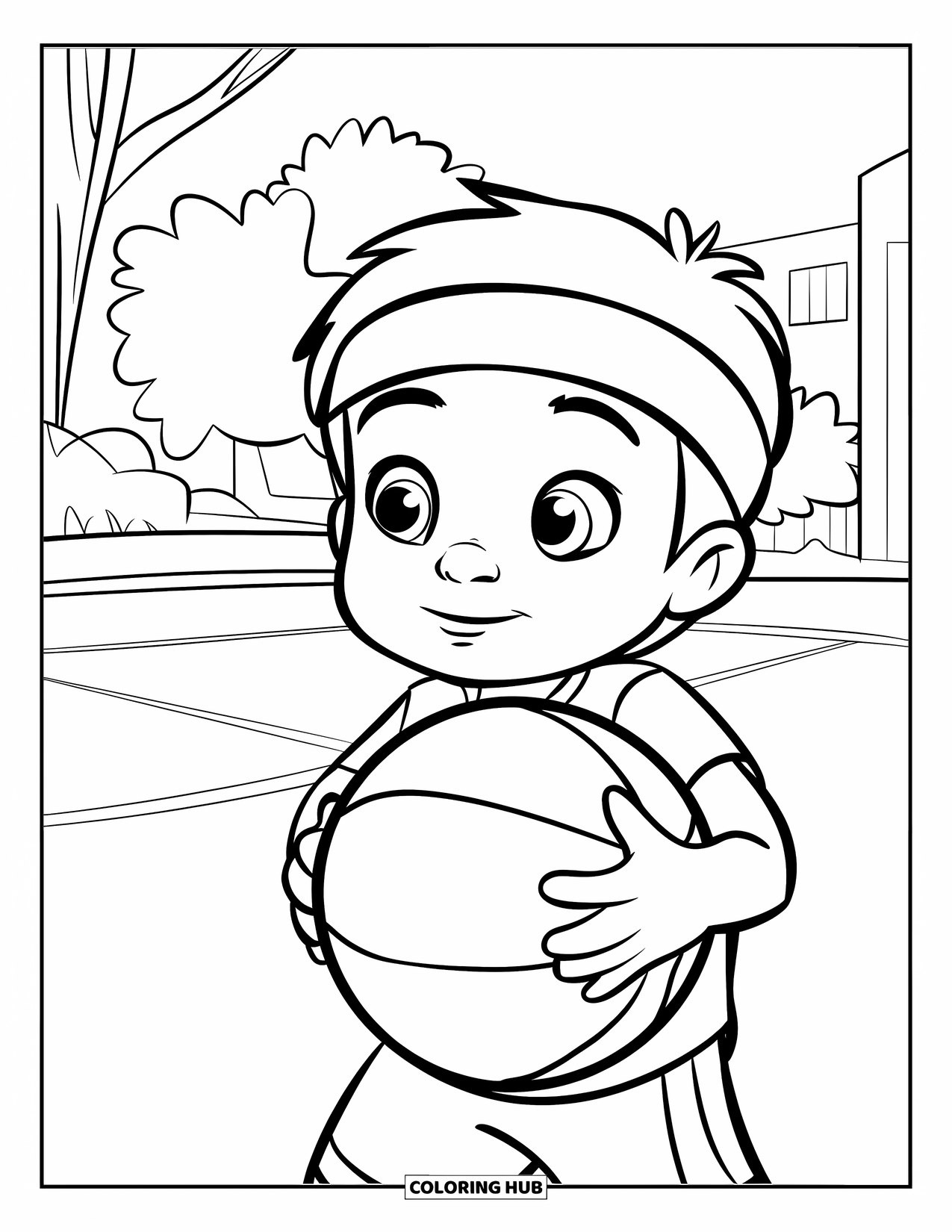 Basketbal Kleurplaat voor Kinderen: Een kind staat op het veld met een basketbal in de hand en een zweetband dragend