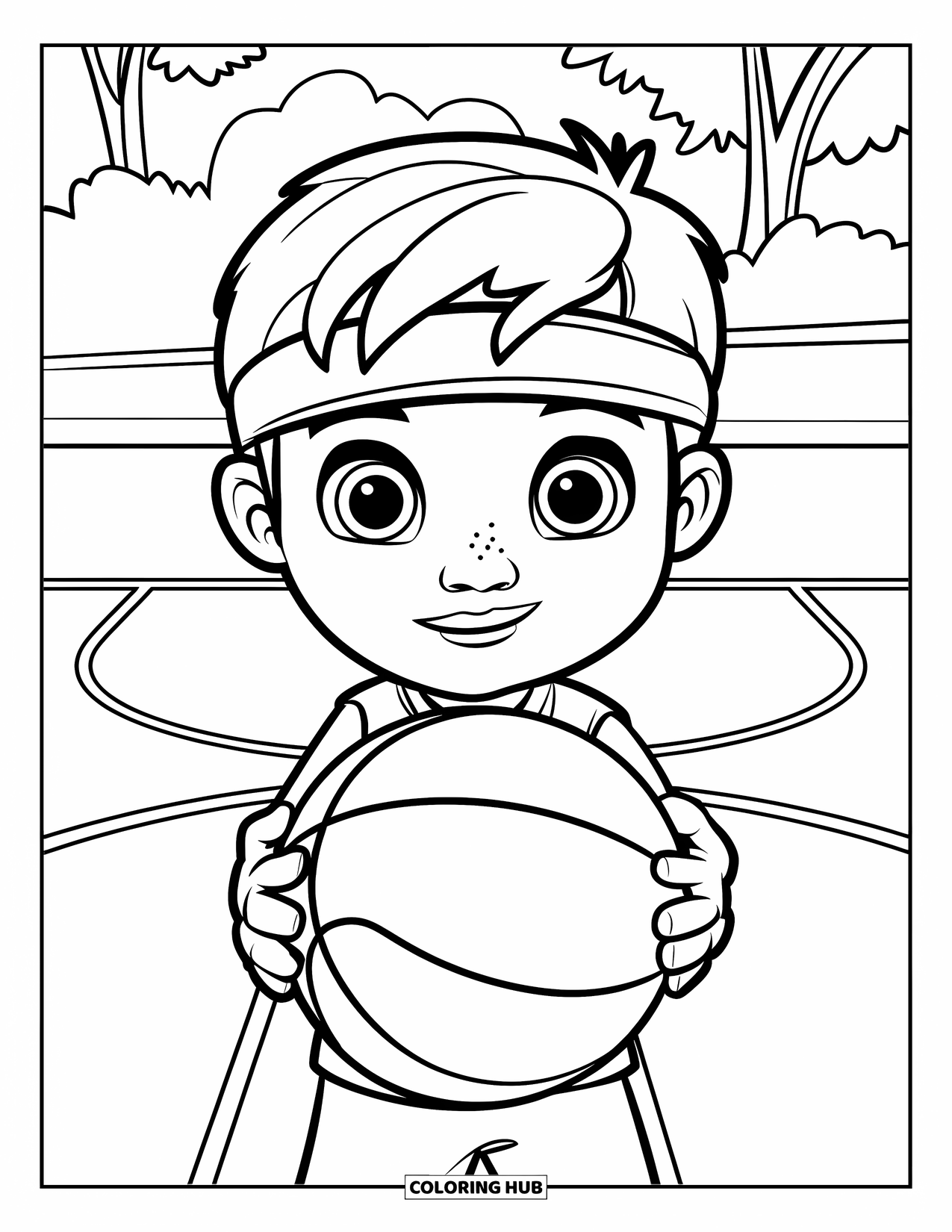 Basketbal Kleurplaat voor Kinderen: Een kind staat trots op het veld, een basketbal vasthoudend en een zweetband dragend