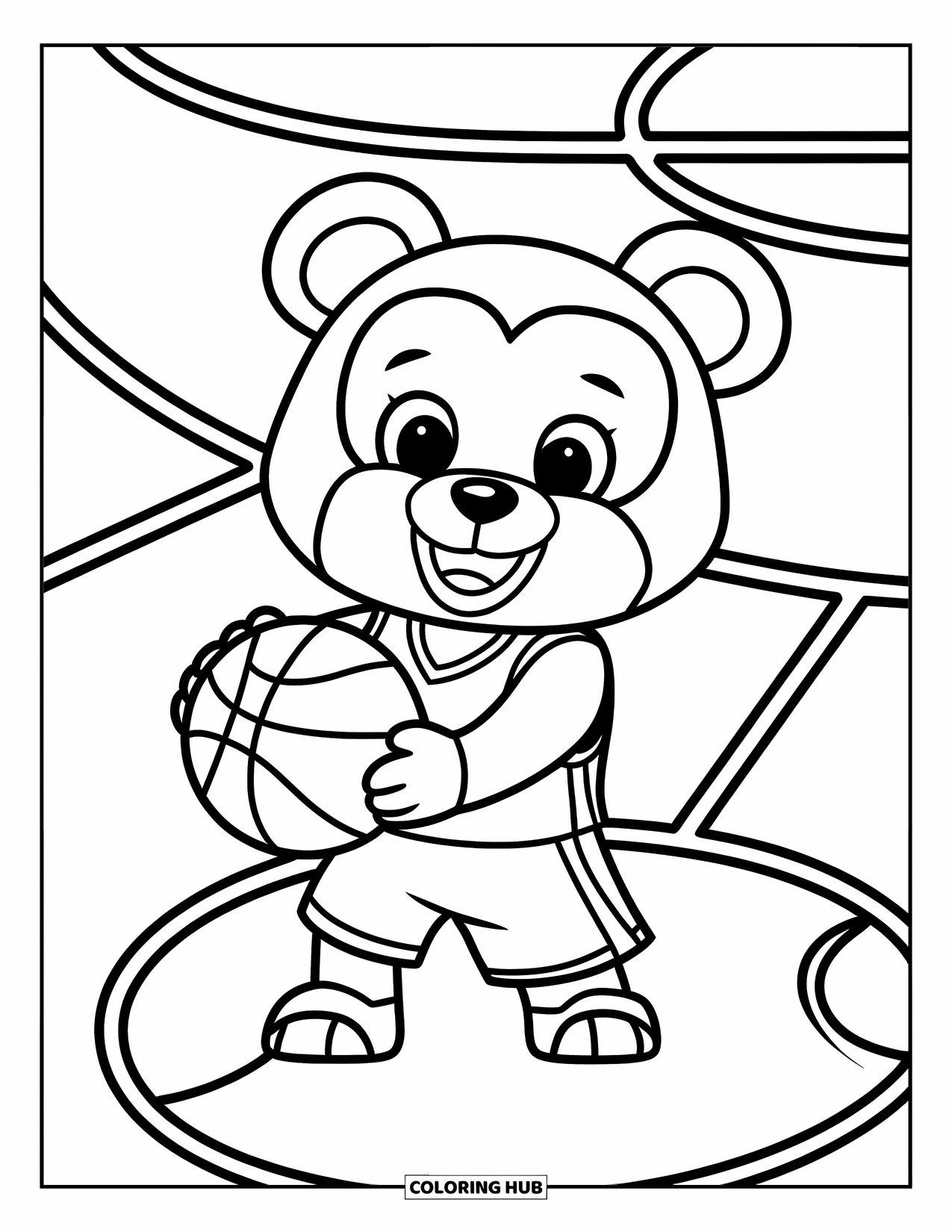 Basketbal Kleurplaat voor Kinderen: Een schattige beer in een shirt houdt een bal vast op een eenvoudig veld