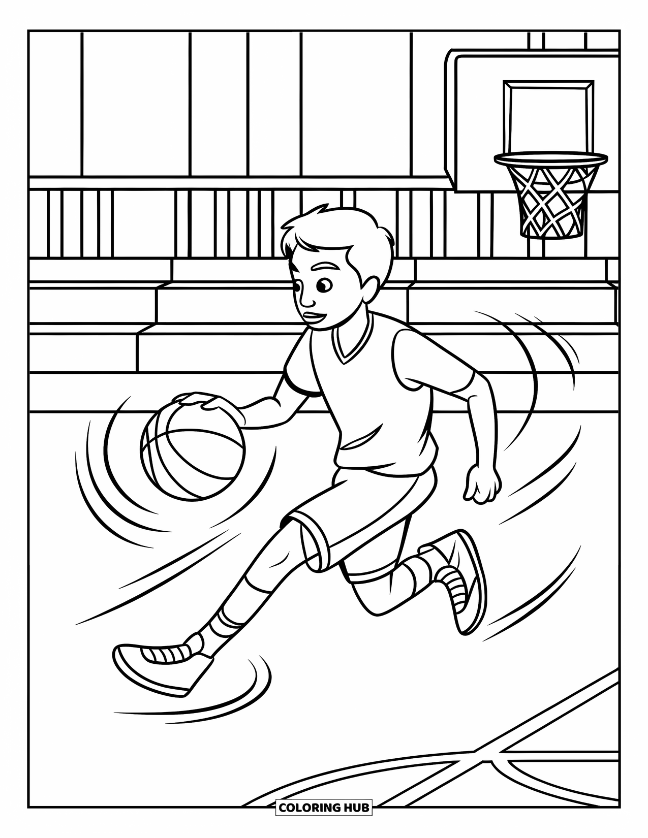 Basketbal Kleurplaat voor Kinderen: Een vastberaden kind dribbelt snel over het veld langs de tribunes