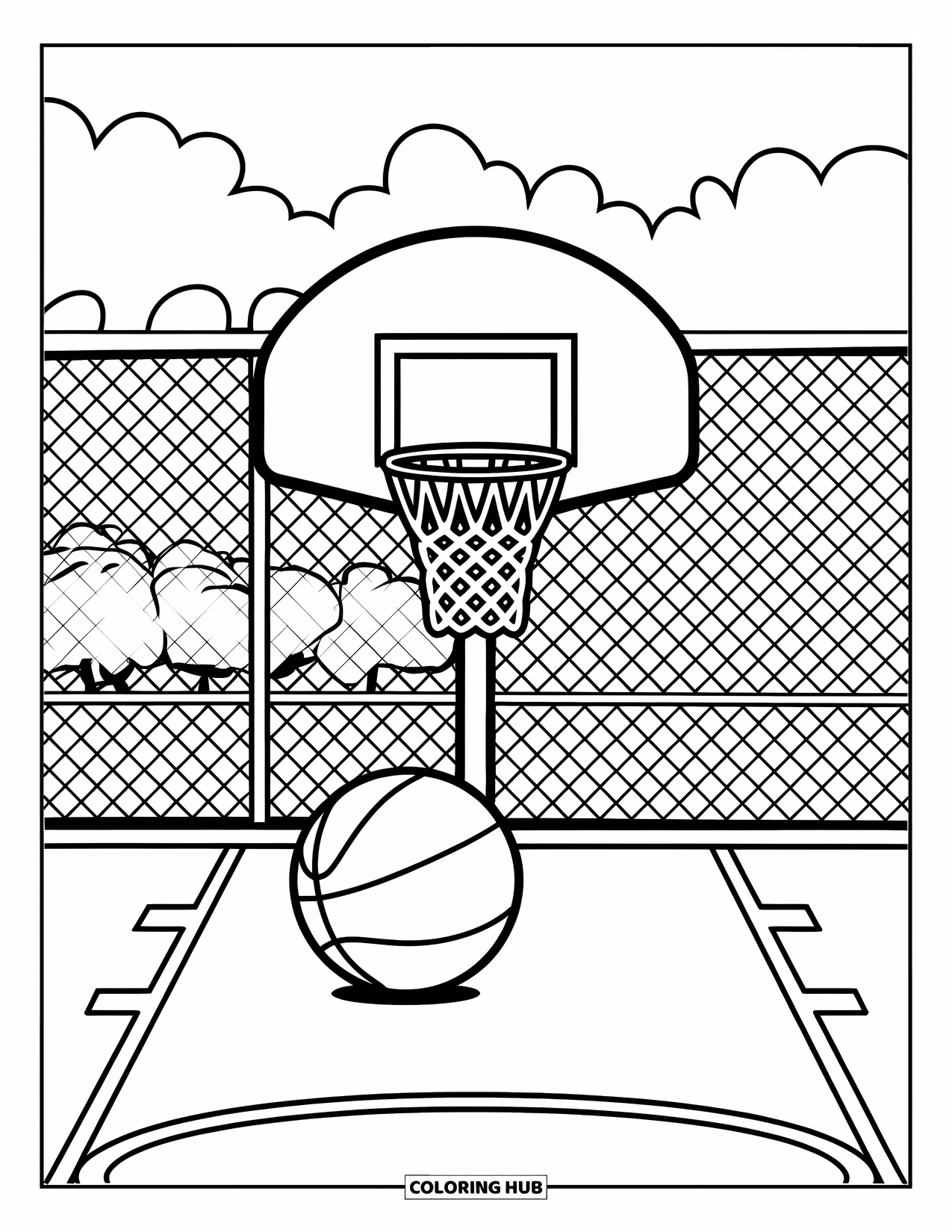 Basketbal Kleurplaat voor Kinderen: Een blije bal rust naast een basket op een rustig klein veld