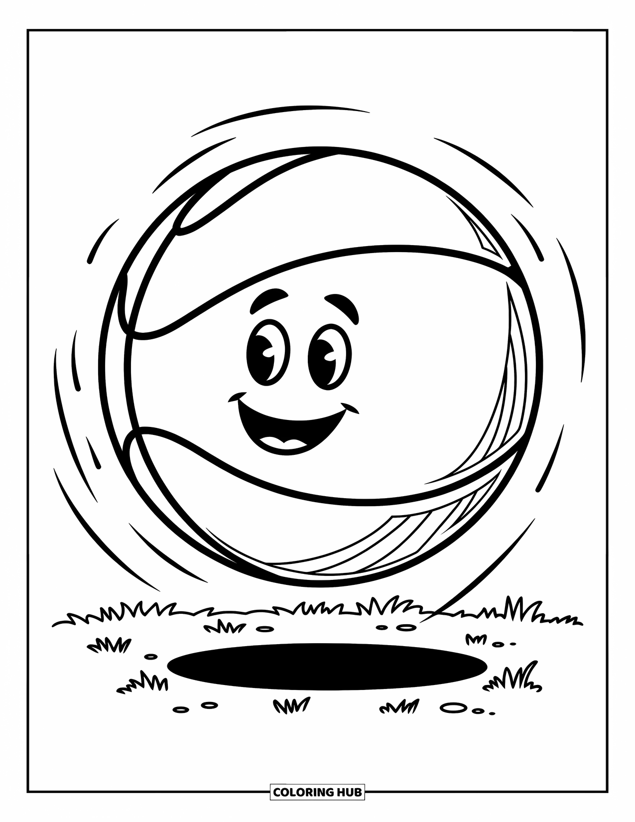 Basketbal Kleurplaat voor Kinderen: Een blije basketbal met een gezicht stuitert op een grasveld