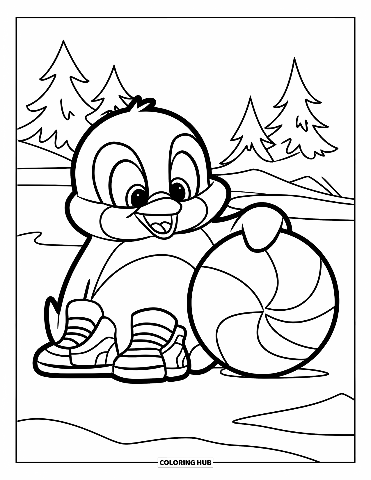 Basketbal Kleurplaat voor Kinderen: Een blije pinguïn in sneakers staat op een besneeuwde grond naast een basketbal