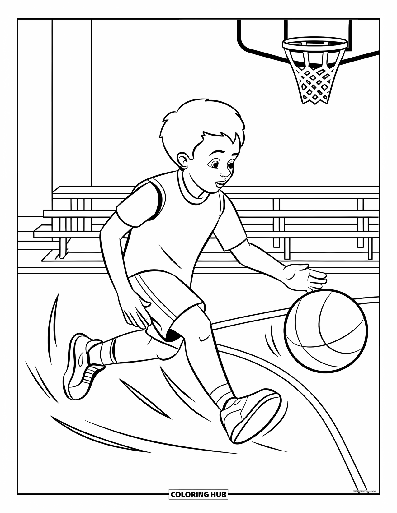 Basketbal Kleurplaat voor Kinderen: Een kind dribbelt over het veld met bewegingslijnen die snelle beweging laten zien