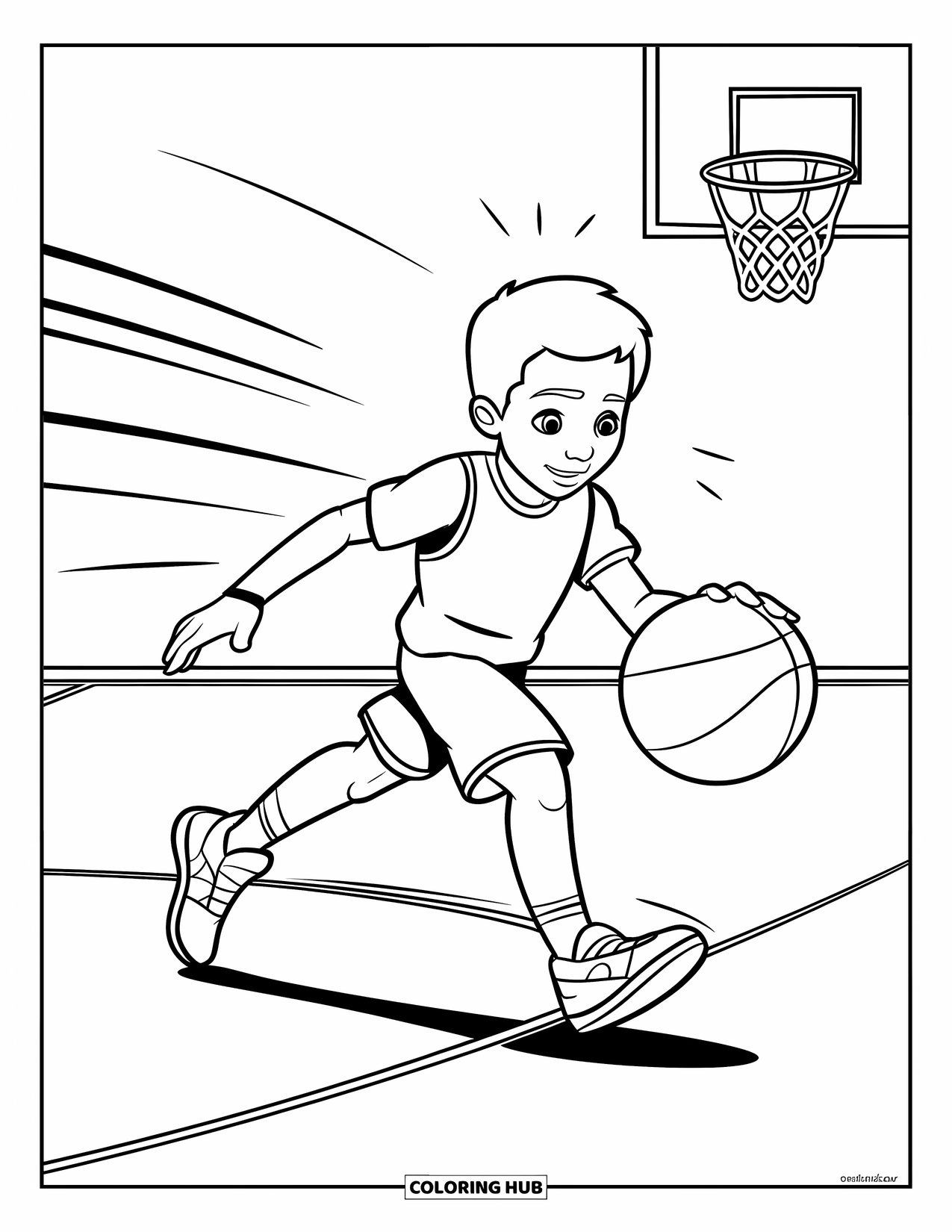 Basketbal Kleurplaat voor Kinderen: Een kind dribbelt snel met baskets op de achtergrond en bewegingslijnen achter zich