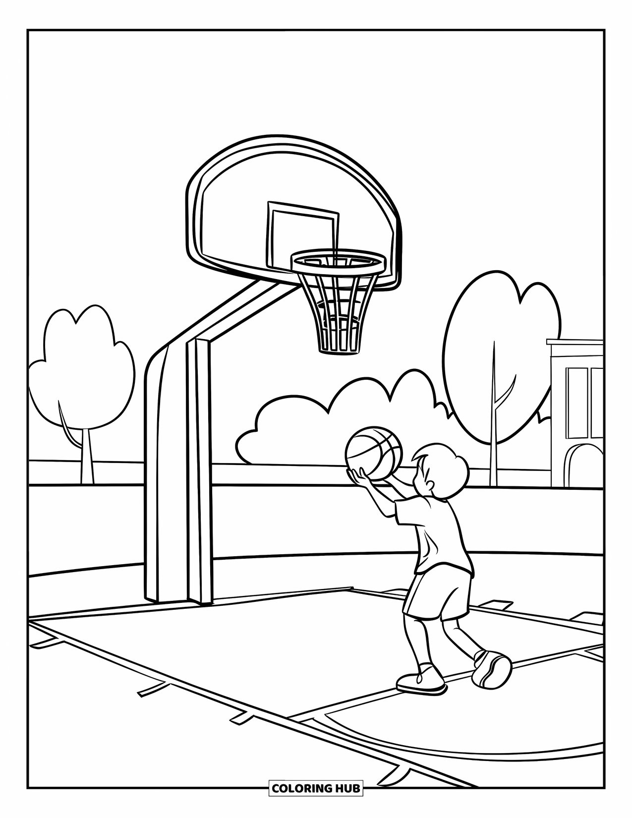 Basketbal Kleurplaat voor Kinderen: Een kind stelt zich op voor een schot op een bewegende basket op een kermisveld