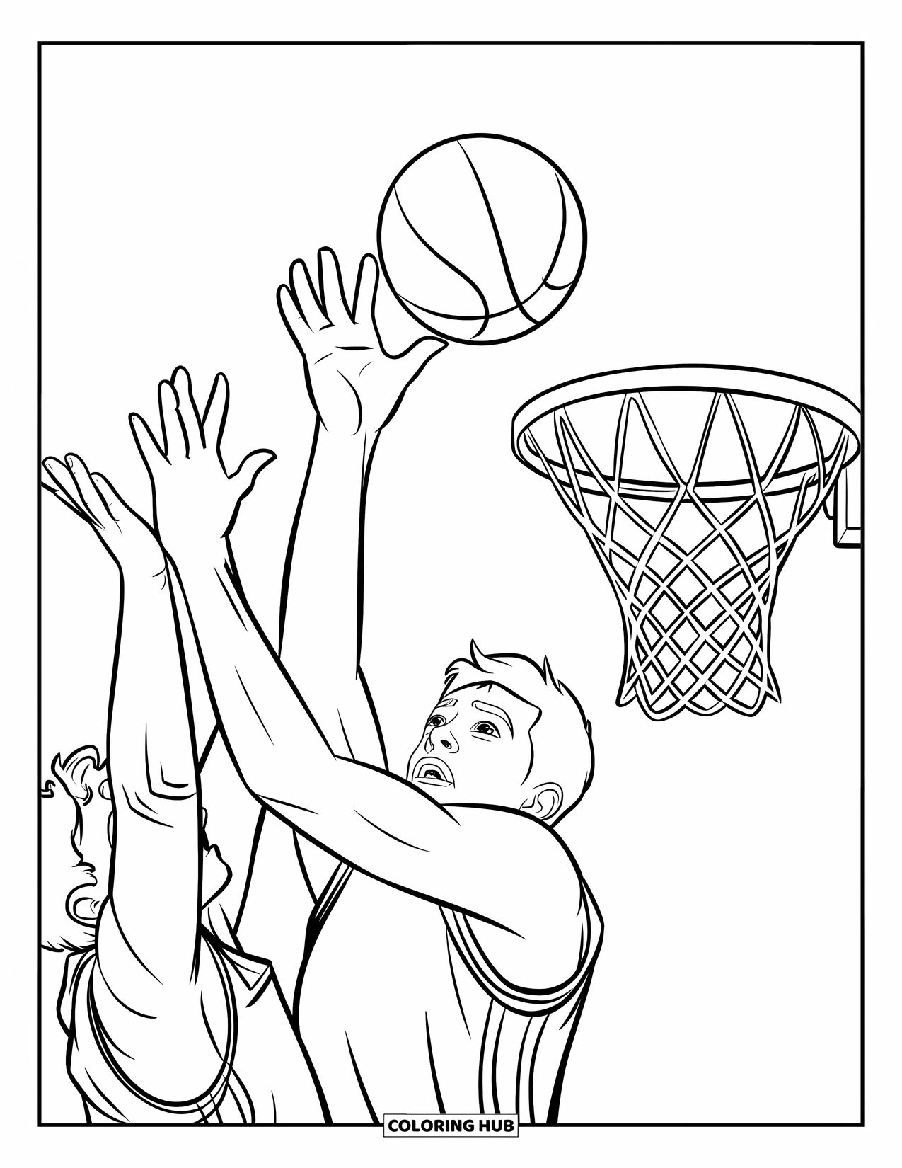 Basketbal Kleurplaat voor Kinderen: Een speler springt voor een rebound terwijl de tegenstander reikt om het te betwisten