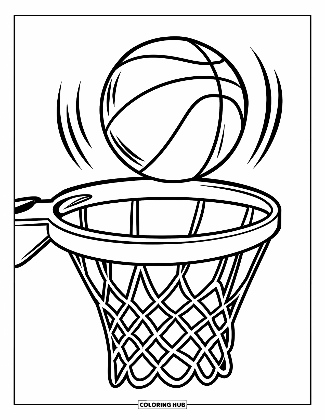 Basketbal Kleurplaat voor Kinderen: Een speler schiet terwijl de bal tijdens het spel van het bord stuitert