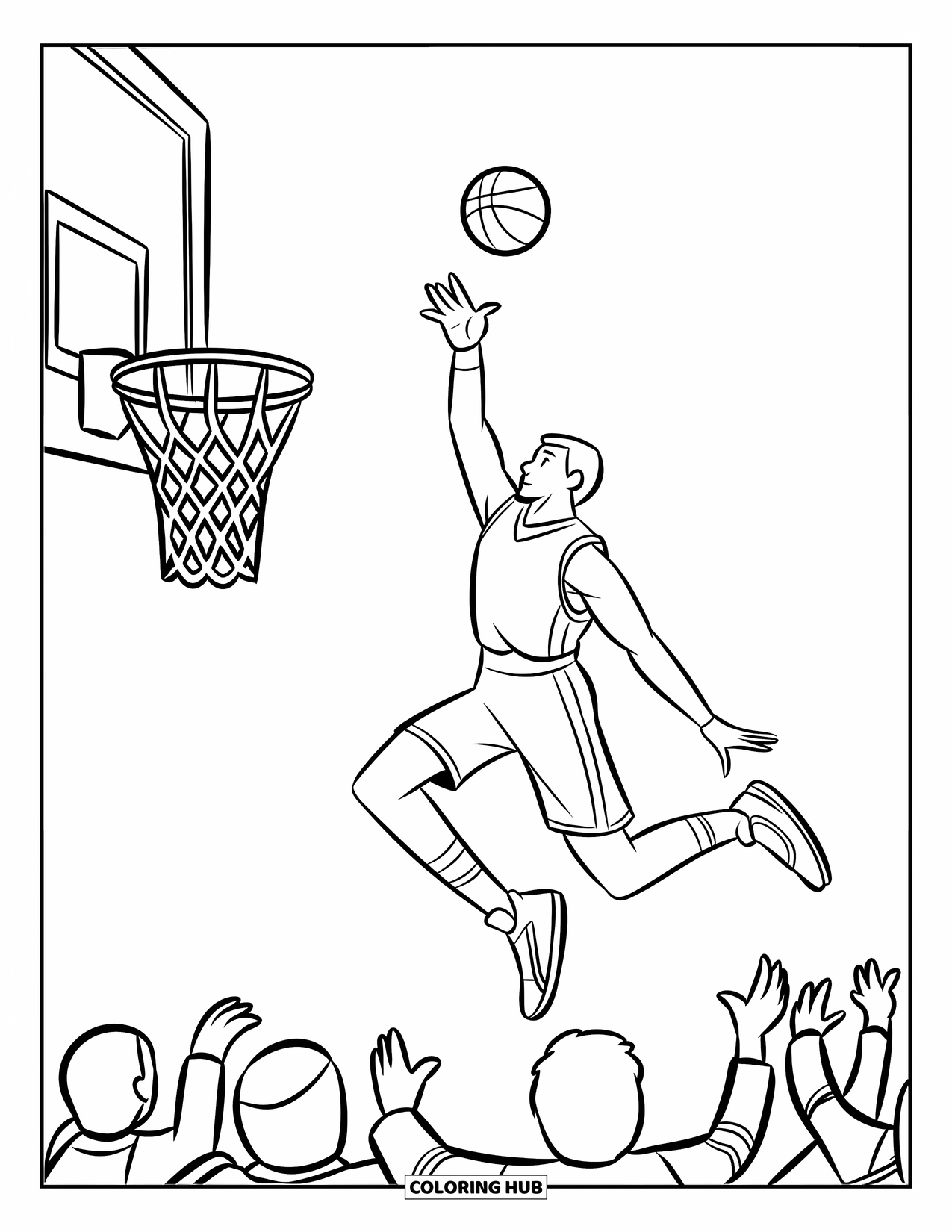 Basketbal Kleurplaat voor Kinderen: Een speler schiet in de lucht, de bal vliegt naar een hoog aan de muur gemonteerde basket