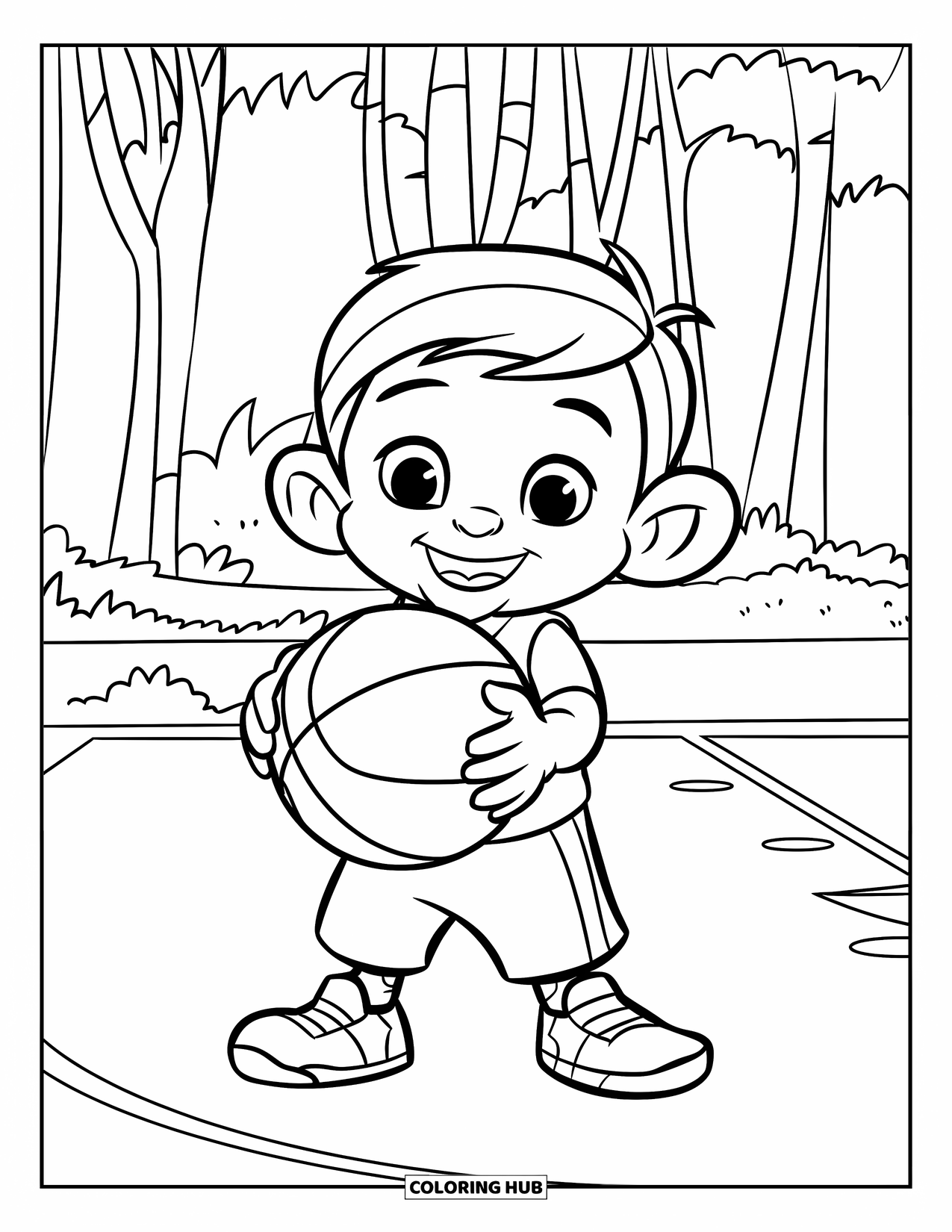 Basketbal Kleurplaat voor Kinderen: Een kind met een rond gezicht glimlacht terwijl het een basketbal vasthoudt in de buurt van hoge bomen