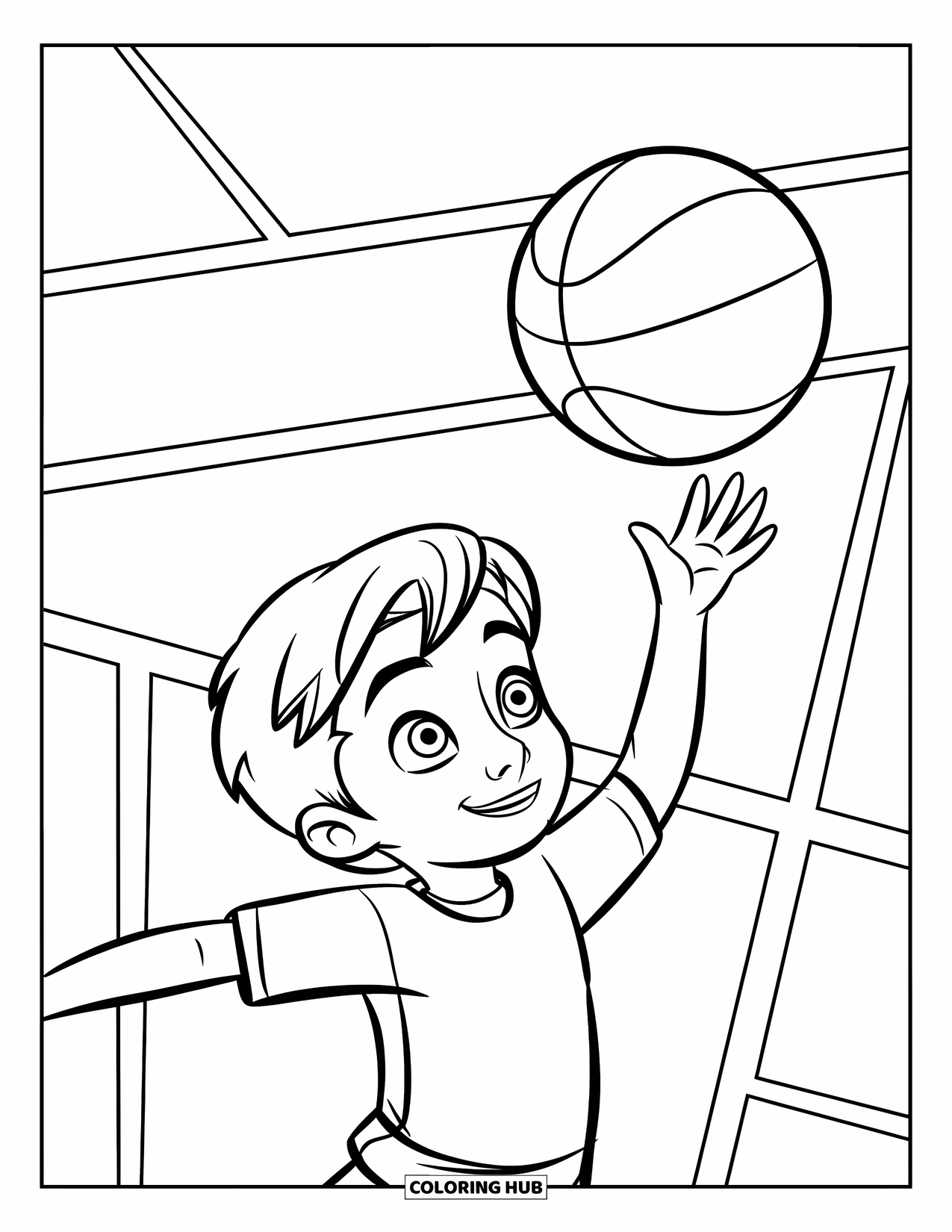 Basketbal Kleurplaat voor Kinderen: Een glimlachend kind gooit een basketbal omhoog terwijl het op het veld springt