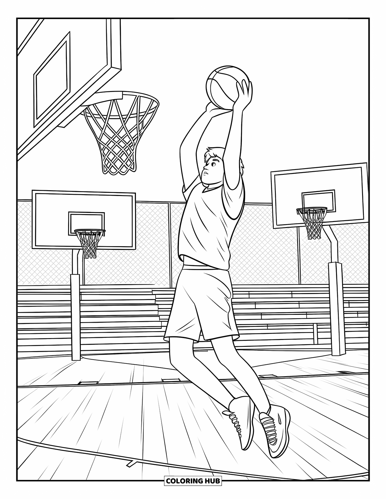 Basketbal Kleurplaat voor Kinderen: Een tiener gaat voor een layup op een veld met baskets en tribunes in de buurt