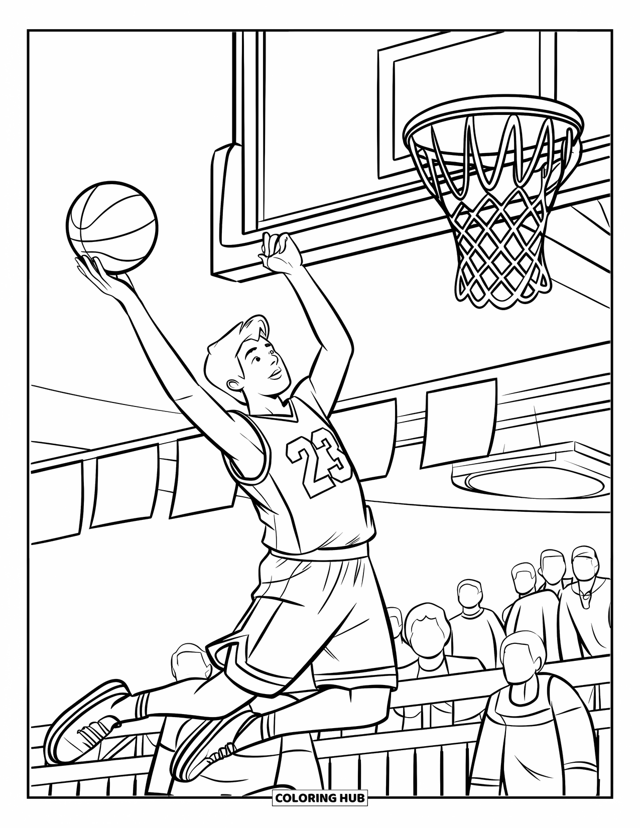 Basketbal Kleurplaat voor Kinderen: Een tiener springt voor een layup, nummer 23 shirt zichtbaar terwijl het publiek toekijkt