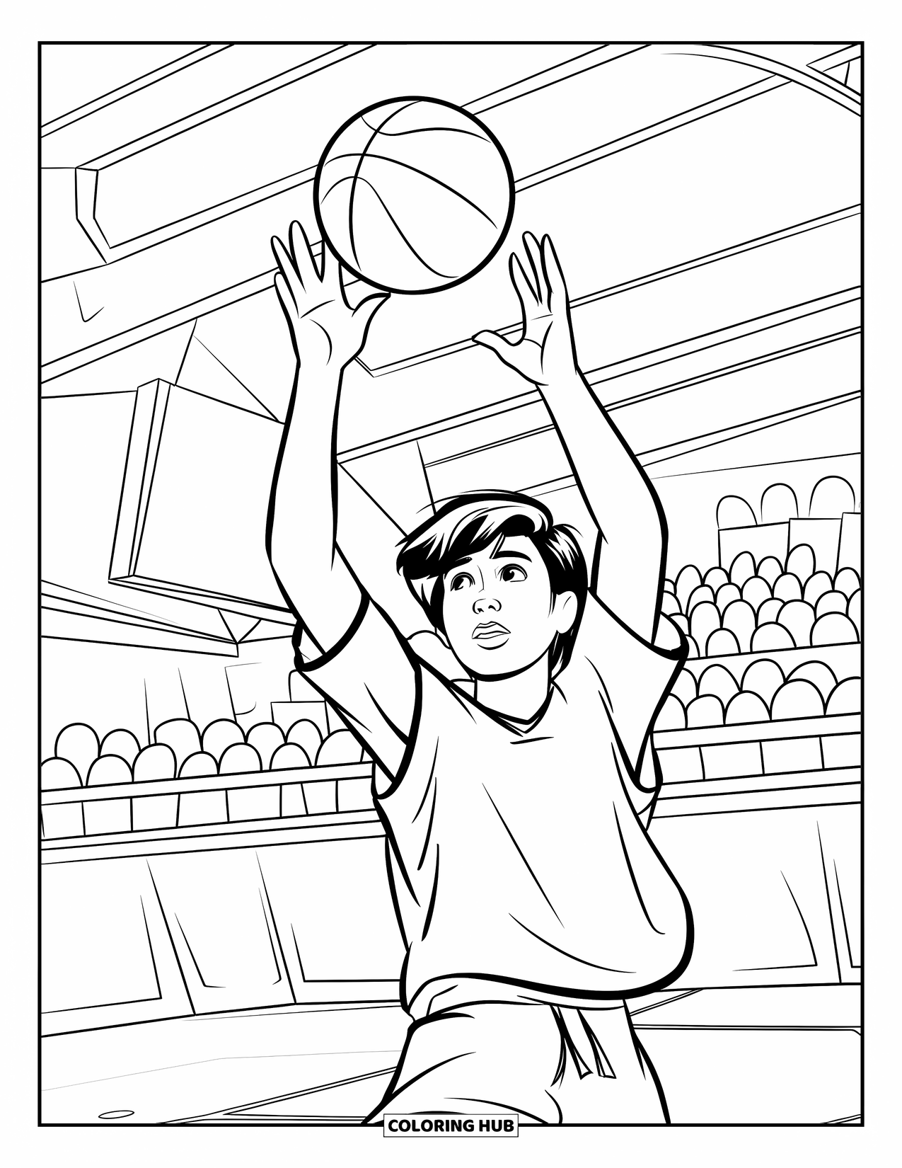 Basketbal Kleurplaat voor Kinderen: Een tiener springt om een pass in de lucht te vangen, met een veld en publiek achter zich