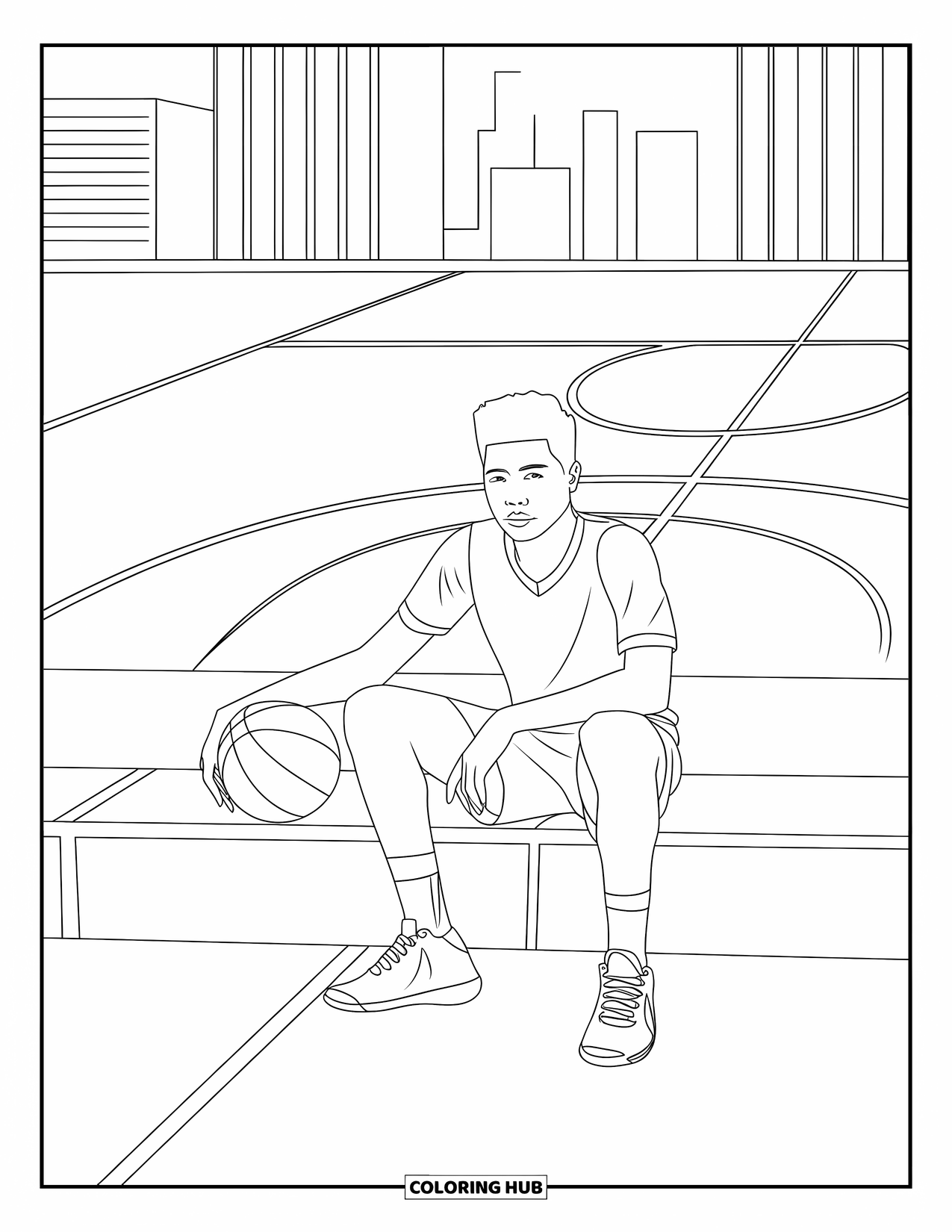 Basketbal Kleurplaat voor Kinderen: Een tiener rust op de trappen van het veld, basketbal in de hand en gebouwen achter zich