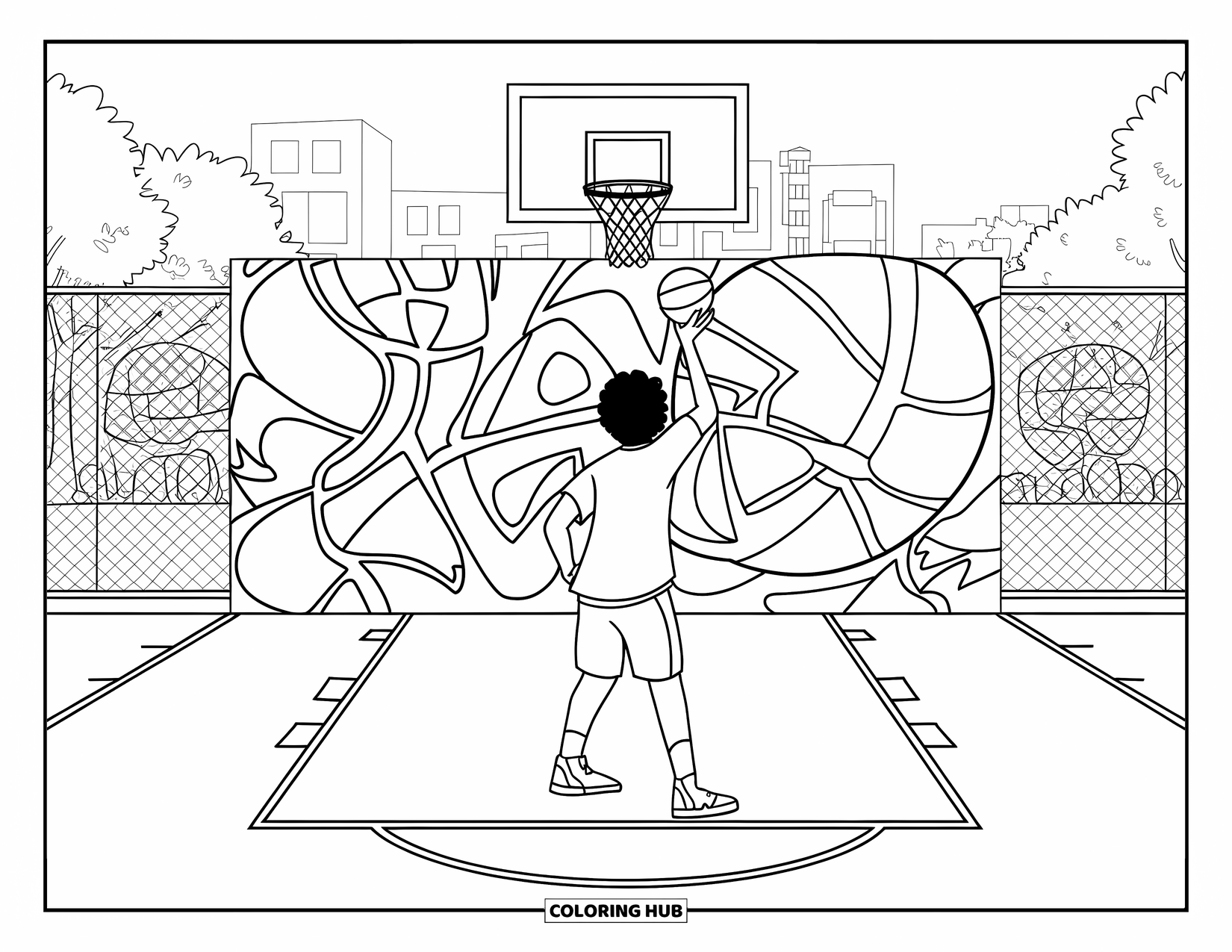 Basketbal Kleurplaat voor Kinderen: Een tiener schiet op de basket in de buurt van een graffitimuur, met bomen en gebouwen op de achtergrond