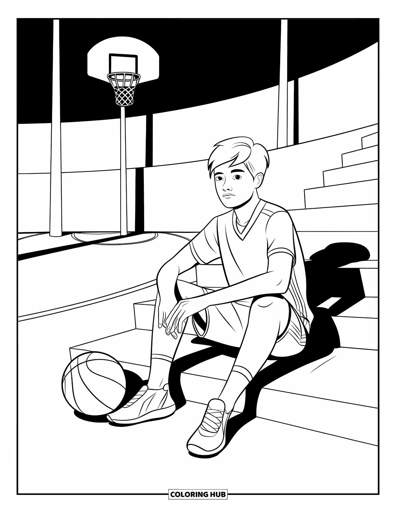 Basketbal Kleurplaat voor Kinderen: Een tiener zit op gebogen trappen van het veld met een bal in de buurt en een basket achter zich