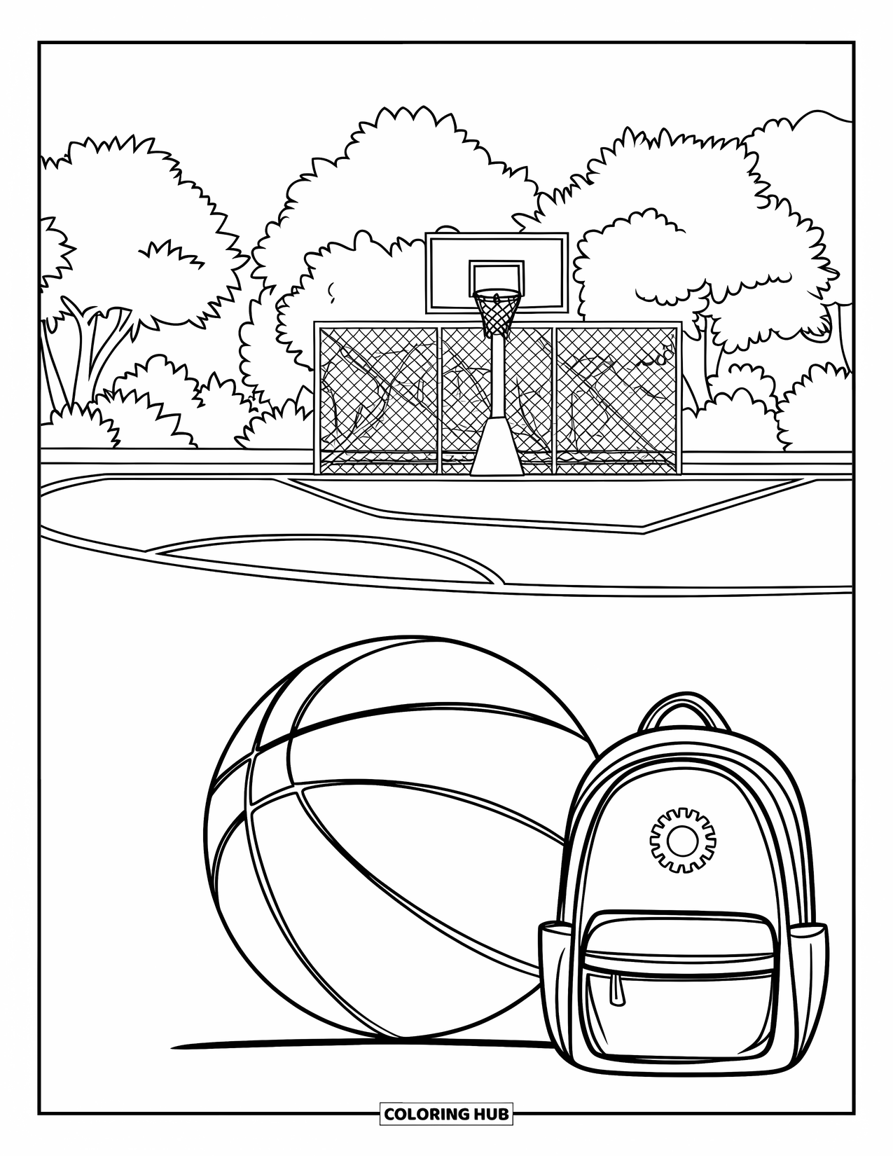 Basketbal Kleurplaat voor Kinderen: Basketbal rolt op het veld met een rugzak in de buurt en baskets in de verte