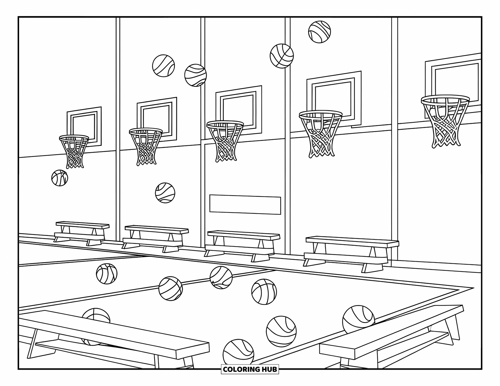 Basketbal Kleurplaat voor Kinderen: Basketbal en banken staan langs de muren van een levendige schoolgymzaal