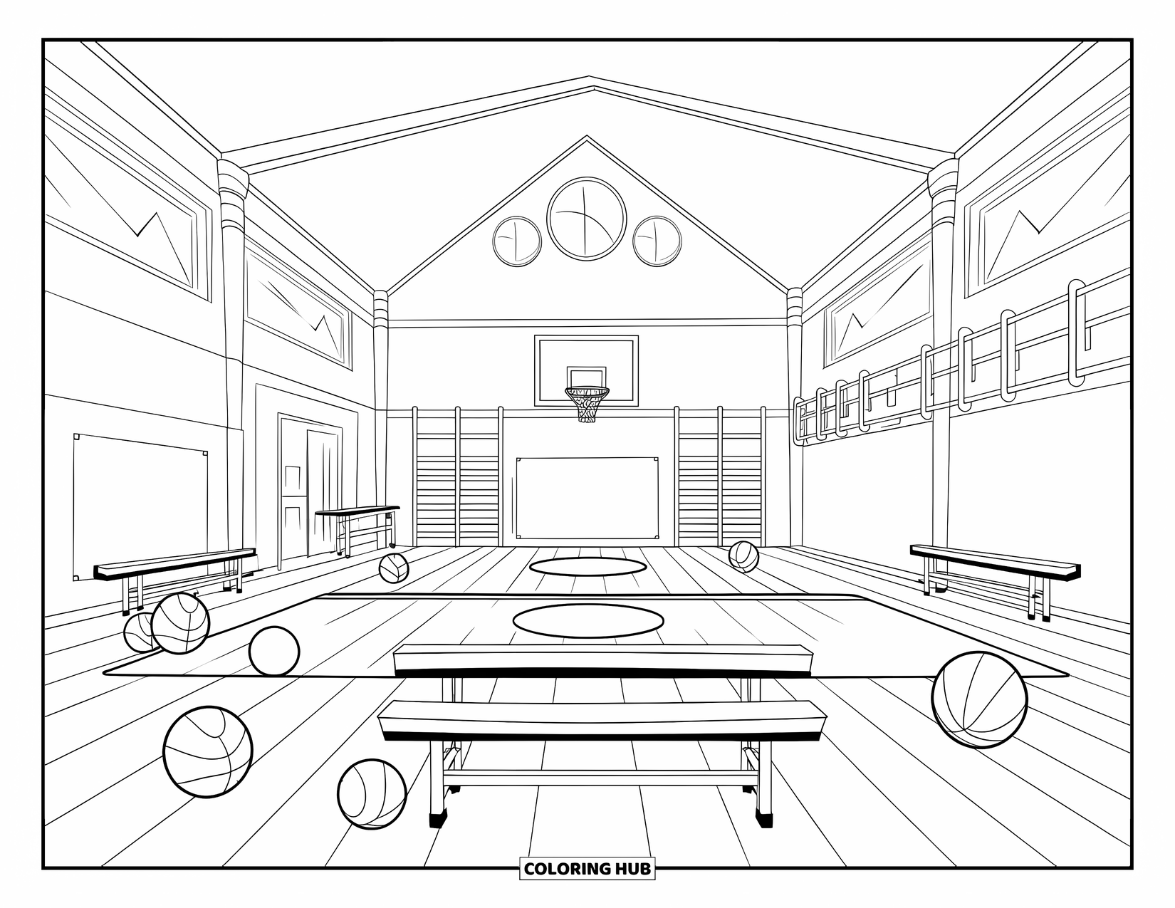Basketbal Kleurplaat voor Kinderen: Banken, ballen en baskets vullen een drukke schoolgymzaal scène