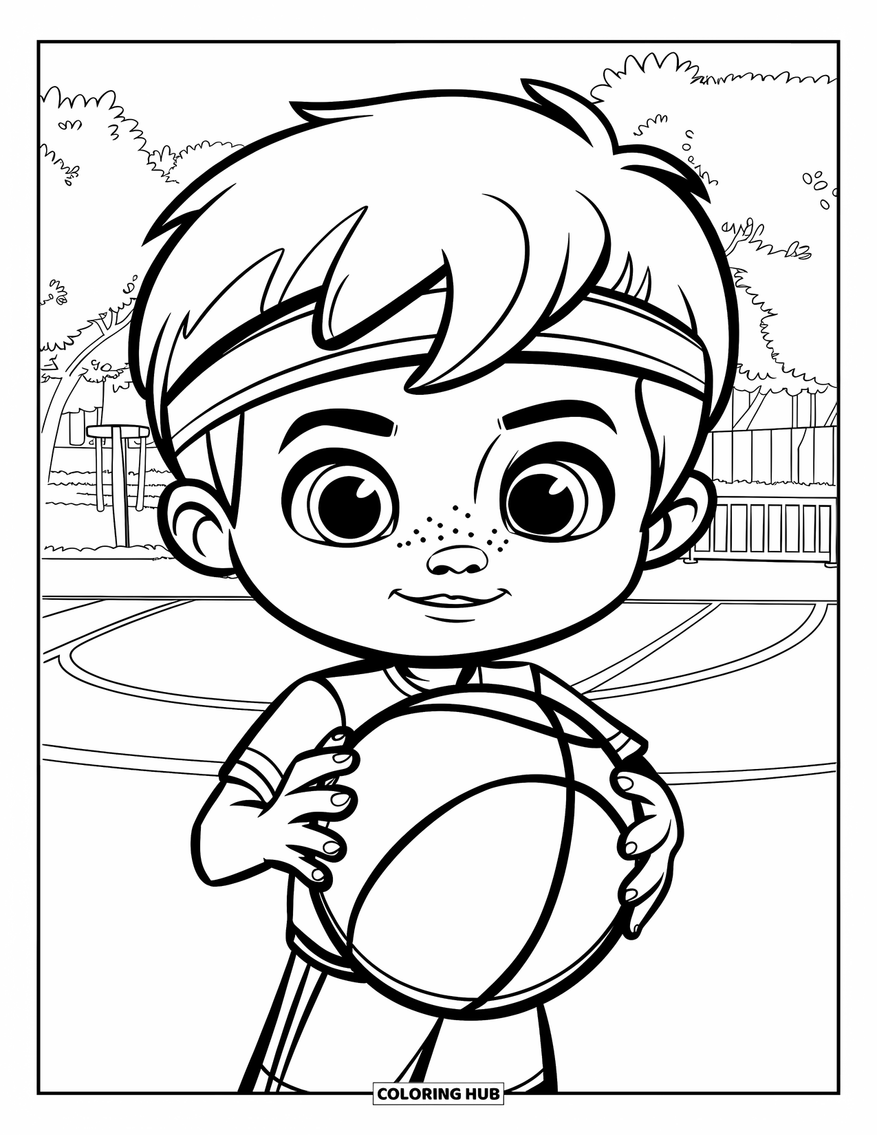 Basketbal Kleurplaat voor Kinderen: Kind houdt een bal vast op het veld, bomen en gebouwen achter zich