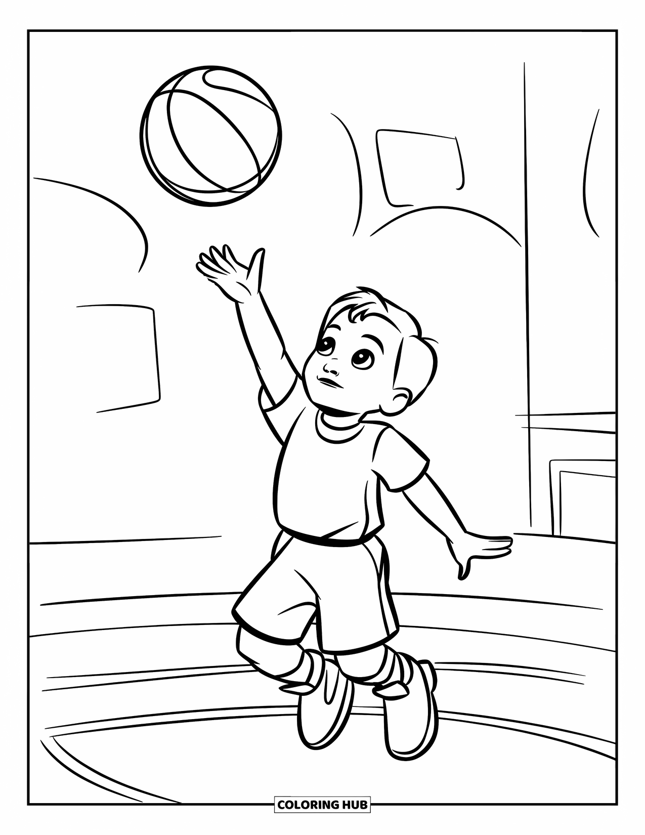 Basketbal Kleurplaat voor Kinderen: Kind springt ter plaatse en gooit een basketbal met opwinding en vreugde
