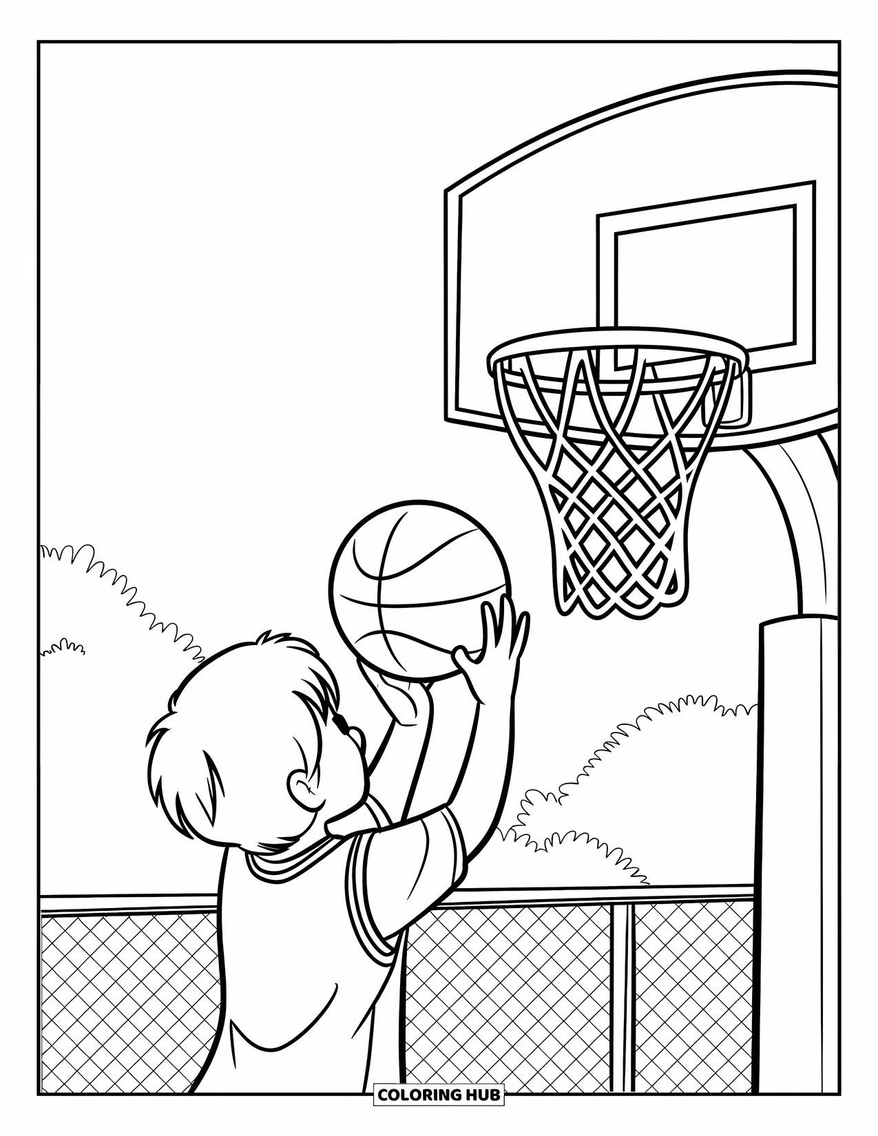 Basketbal Kleurplaat voor Kinderen: Geconcentreerd kind bereidt zich voor om te schieten, met bomen en een hek achter zich
