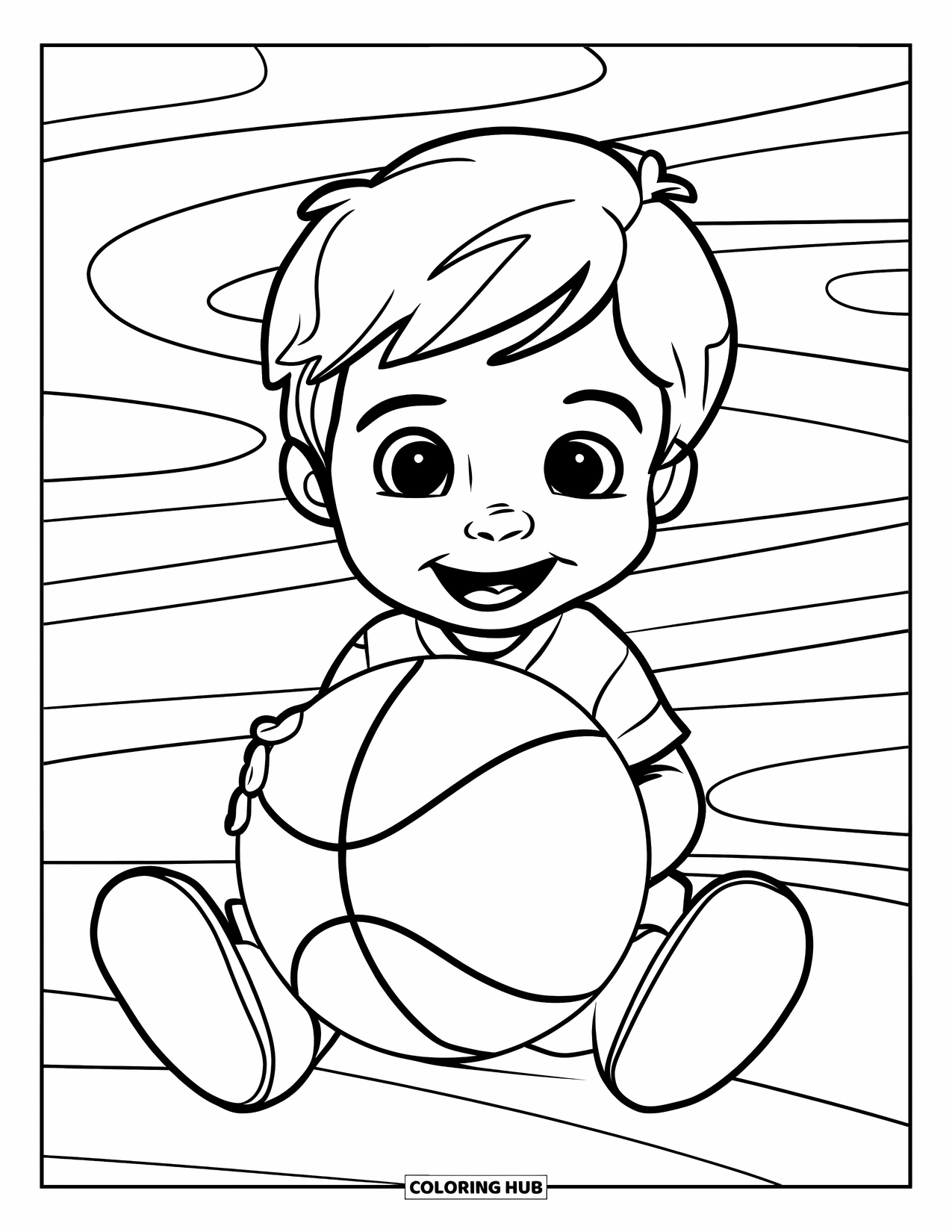 Basketbal Kleurplaat voor Kinderen: Blij kind met krullend haar houdt een basketbal vast terwijl het zit