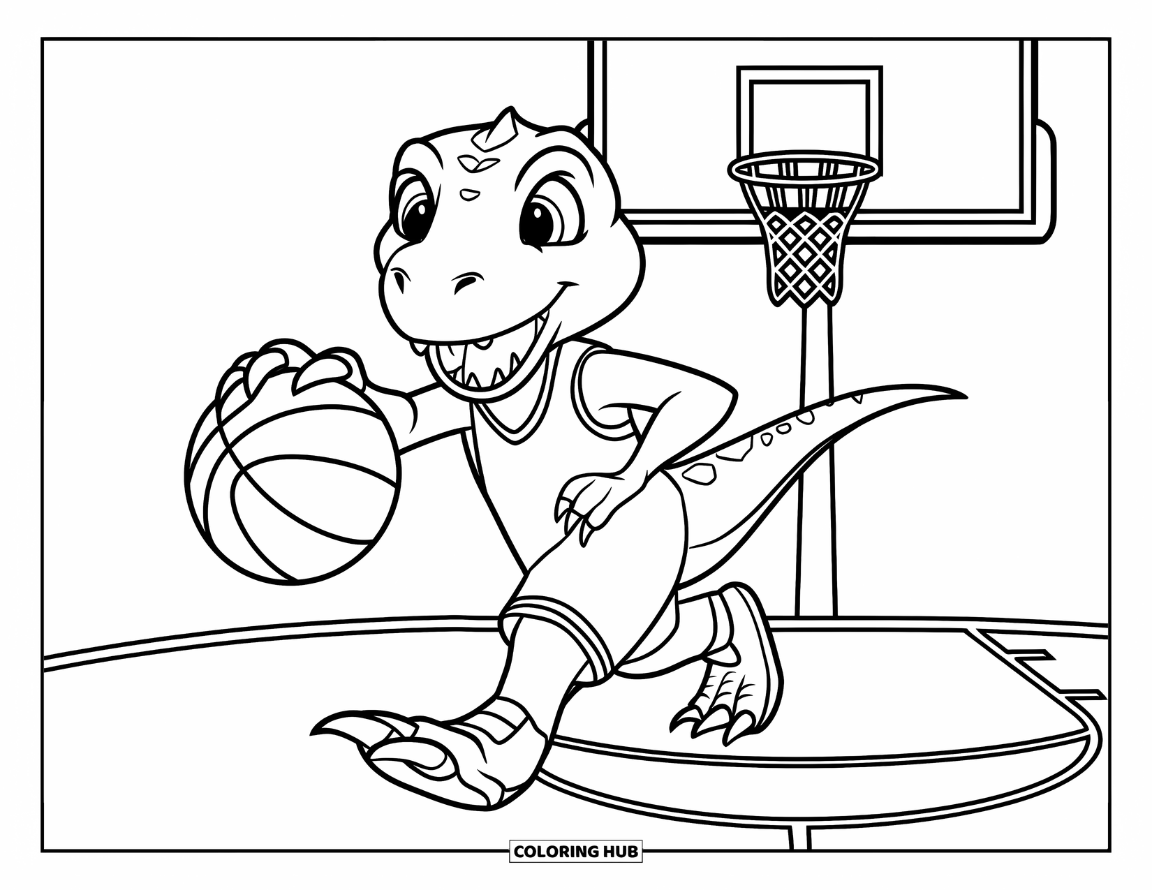 Basketbal Kleurplaat voor Kinderen: Blije dinosaurus in uniform dribbelt op een basketbalveld