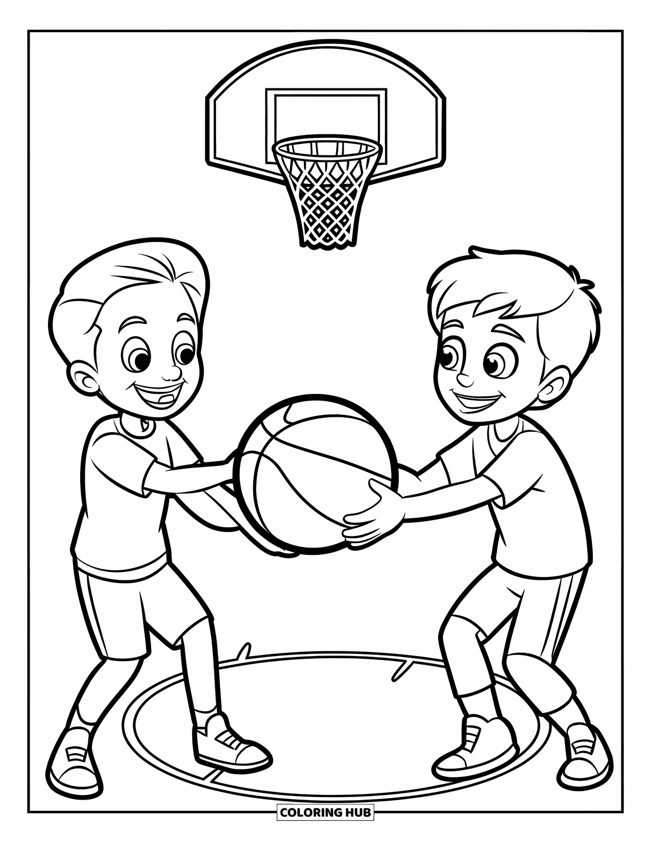 Basketbal Kleurplaat voor Kinderen: Blije kinderen gooien een basketbal naar elkaar op een afgebakend veld