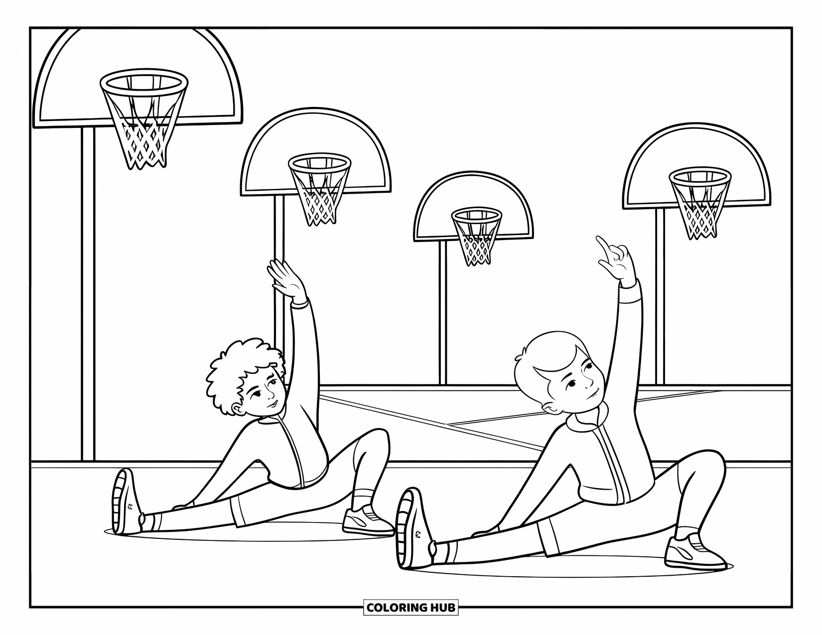 Basketbal Kleurplaat voor Kinderen: Kinderen rekken zich samen op een buitenveld, klaar om te spelen