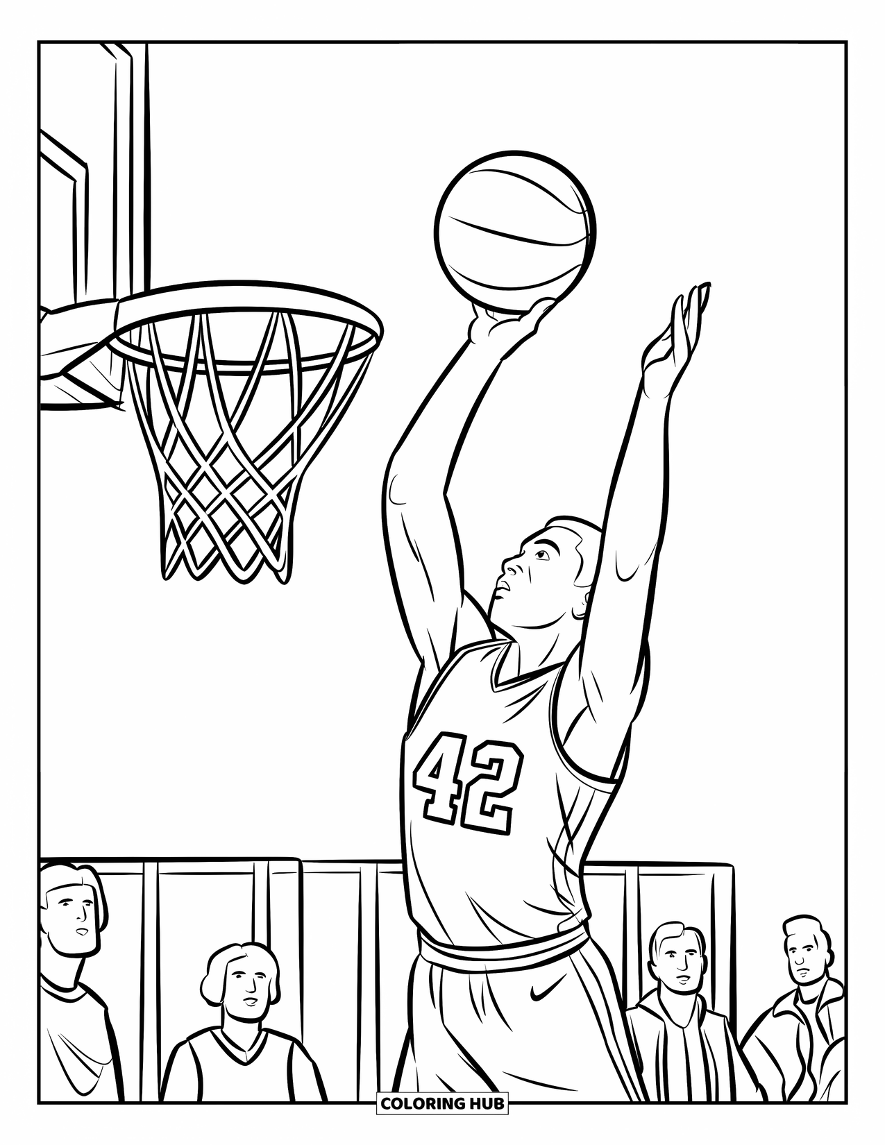 Basketbal Kleurplaat voor Kinderen: Nummer 42 schiet tijdens het spel terwijl de bal het bord raakt en toeschouwers toekijken