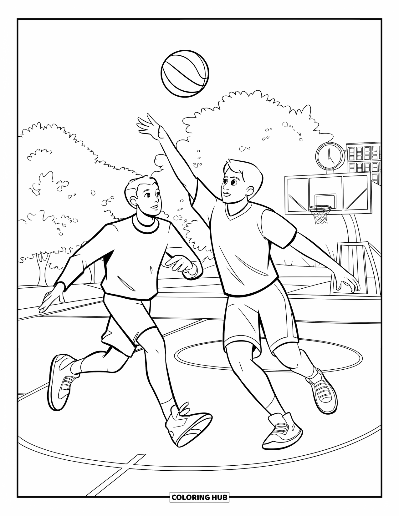 Basketbal Kleurplaat voor Kinderen: Een speler springt voor de bal terwijl een andere verdedigt op een levendig halfcourt