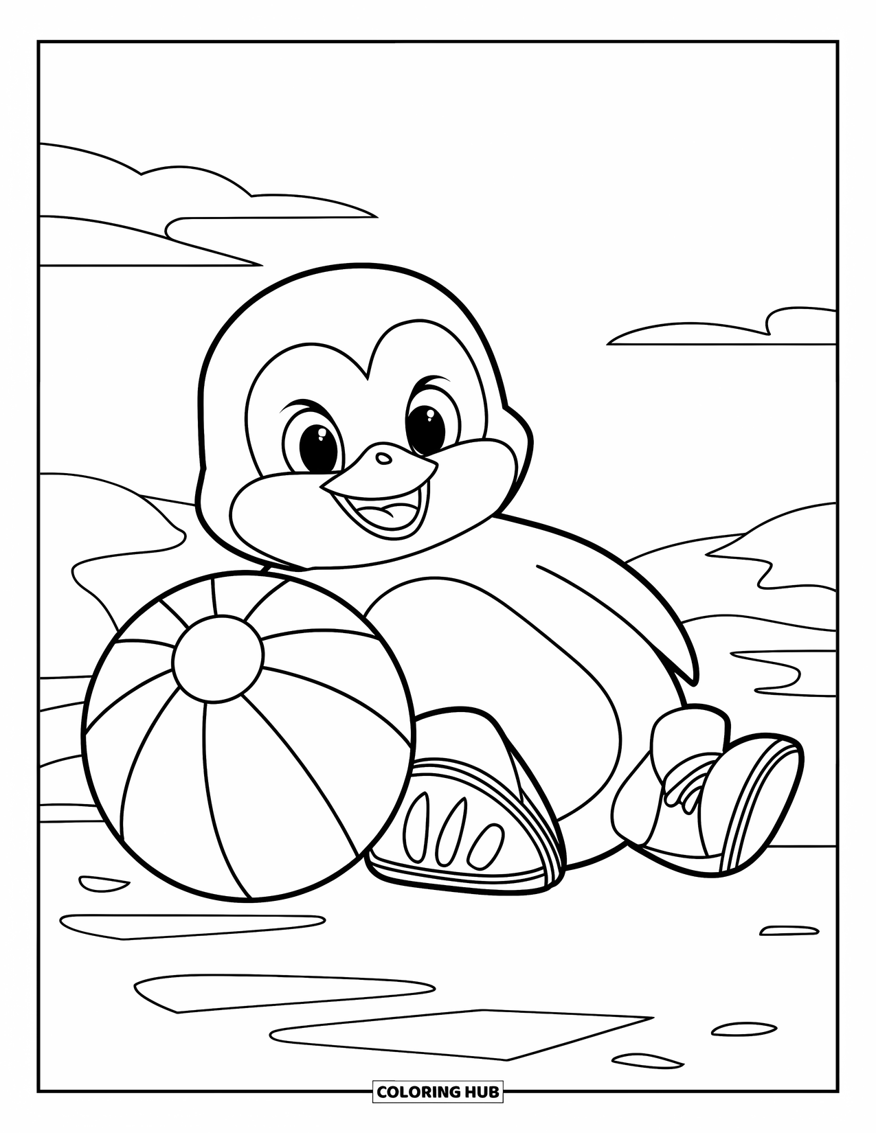 Basketbal Kleurplaat voor Kinderen: Pinguïn met een vrolijke blik rust bij een bal onder een hemel met wolken