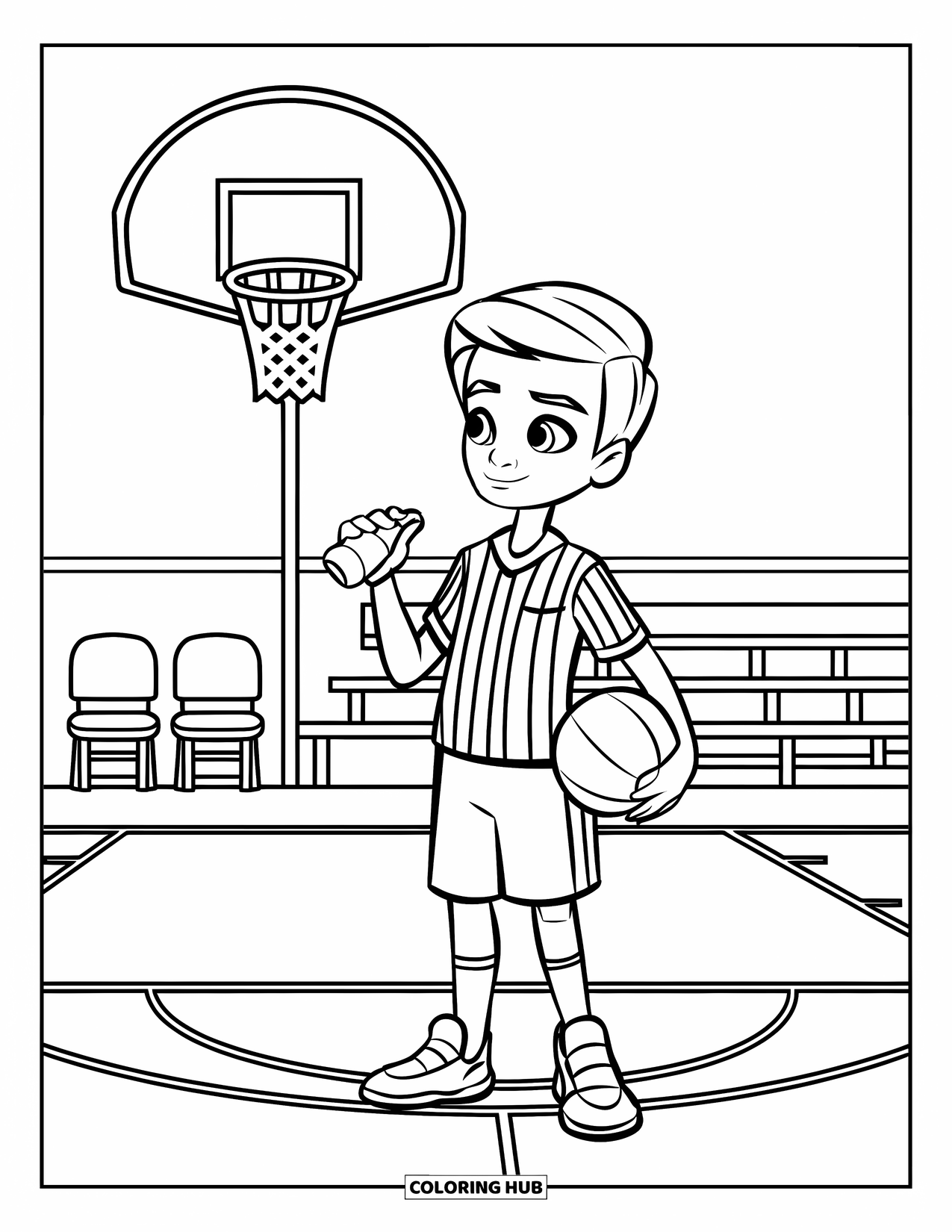 Basketbal Kleurplaat voor Kinderen: Scheidsrechter met een gestreept shirt en kort haar staat op een veld met stoelen en een basket