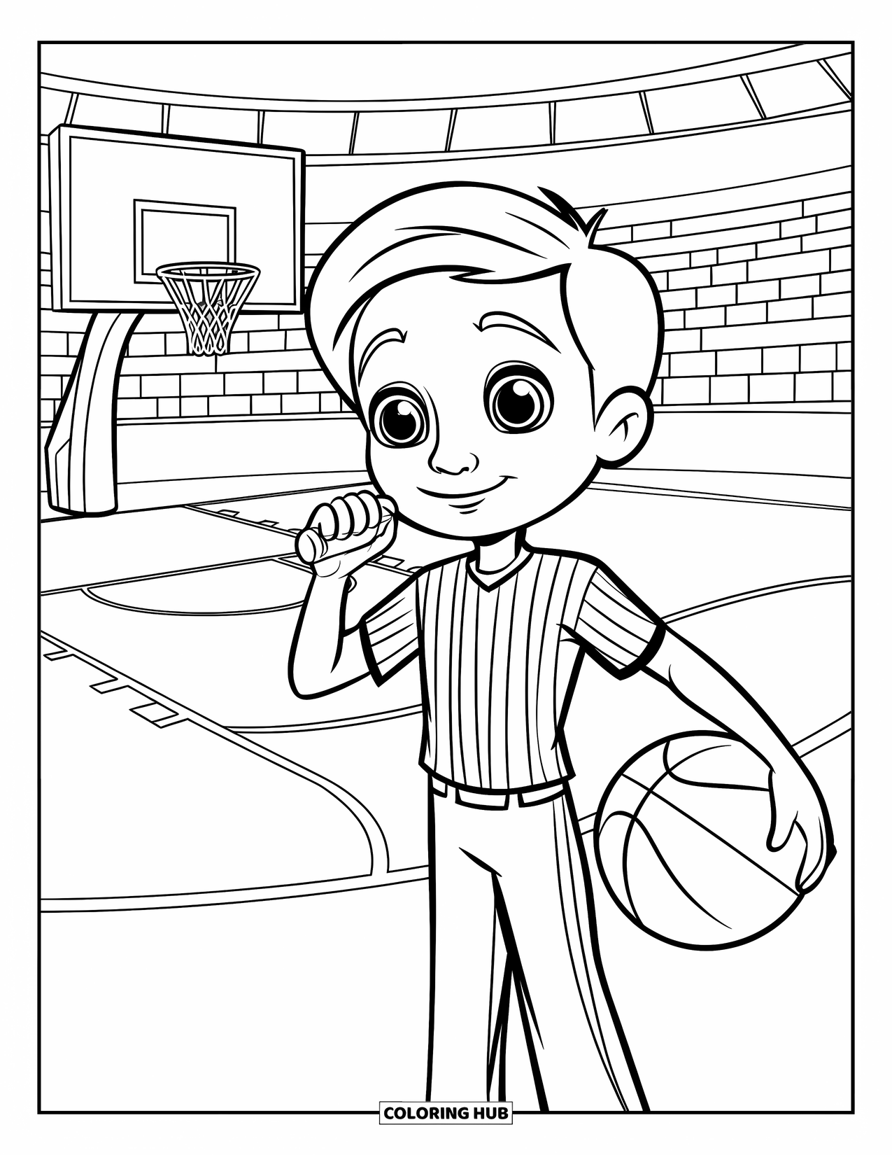 Basketbal Kleurplaat voor Kinderen: Scheidsrechter met een fluitje en bal staat op het veld met stoelen achter zich