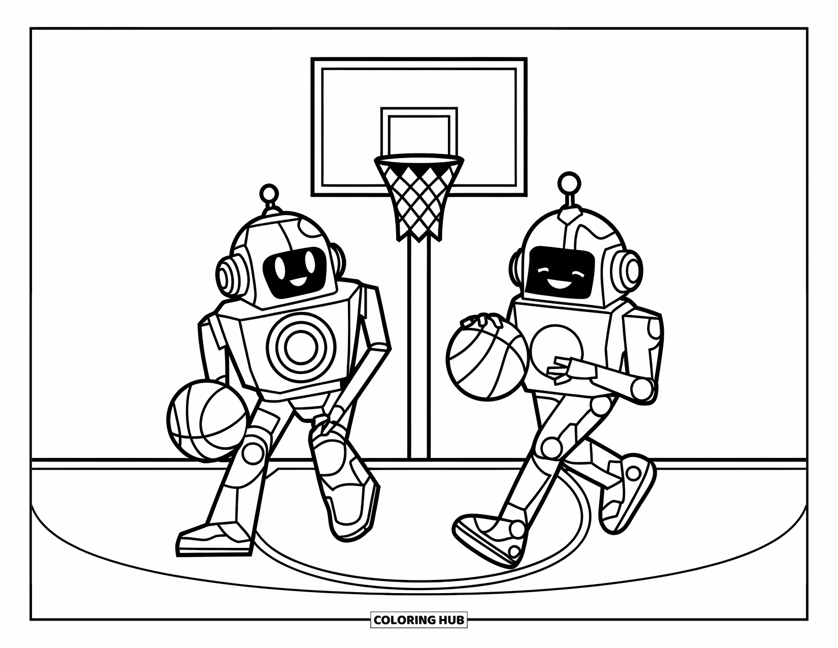 Basketbal Kleurplaat voor Kinderen: Robots spelen basketbal op een veld met duidelijke contouren en speelse vormen