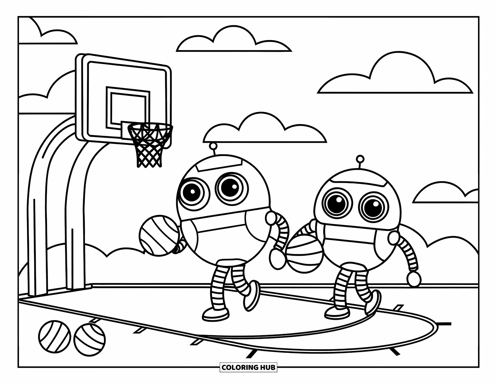 Basketbal Kleurplaat voor Kinderen: Ronde-ogige robots schieten op de basket onder een hemel met pluizige wolken