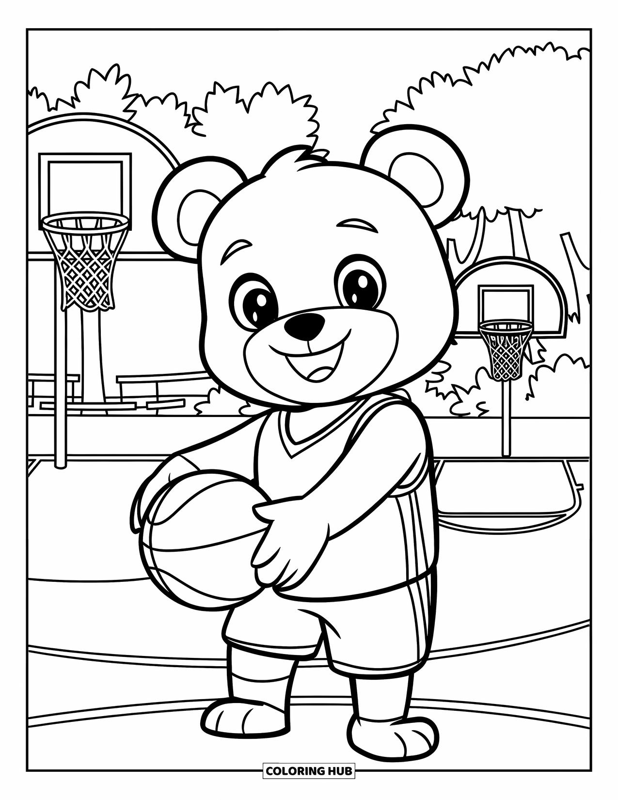 Basketbal Kleurplaat voor Kinderen: Glimlachende beer met een bal staat op een veld in de buurt van bomen en een gebouw