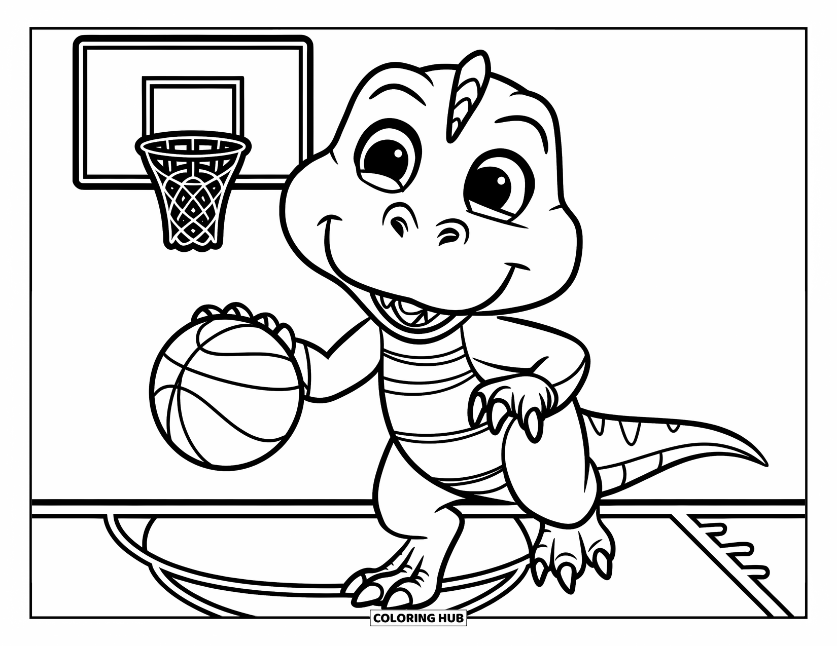 Basketbal Kleurplaat voor Kinderen: Glimlachende dinosaurus in een gestreept shirt dribbelt een bal in de buurt van een basket