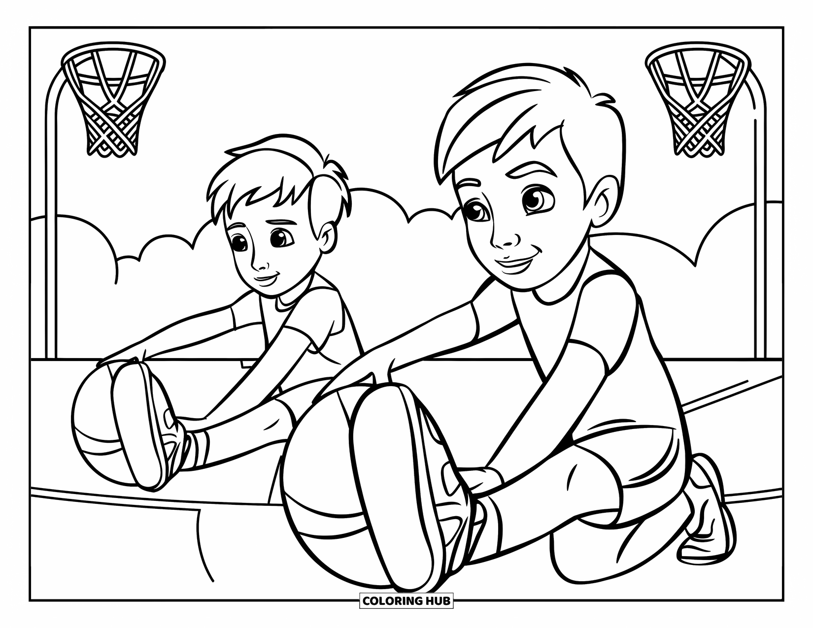 Basketbal Kleurplaat voor Kinderen: Twee vrienden warmen op op een veld omringd door basketbal baskets