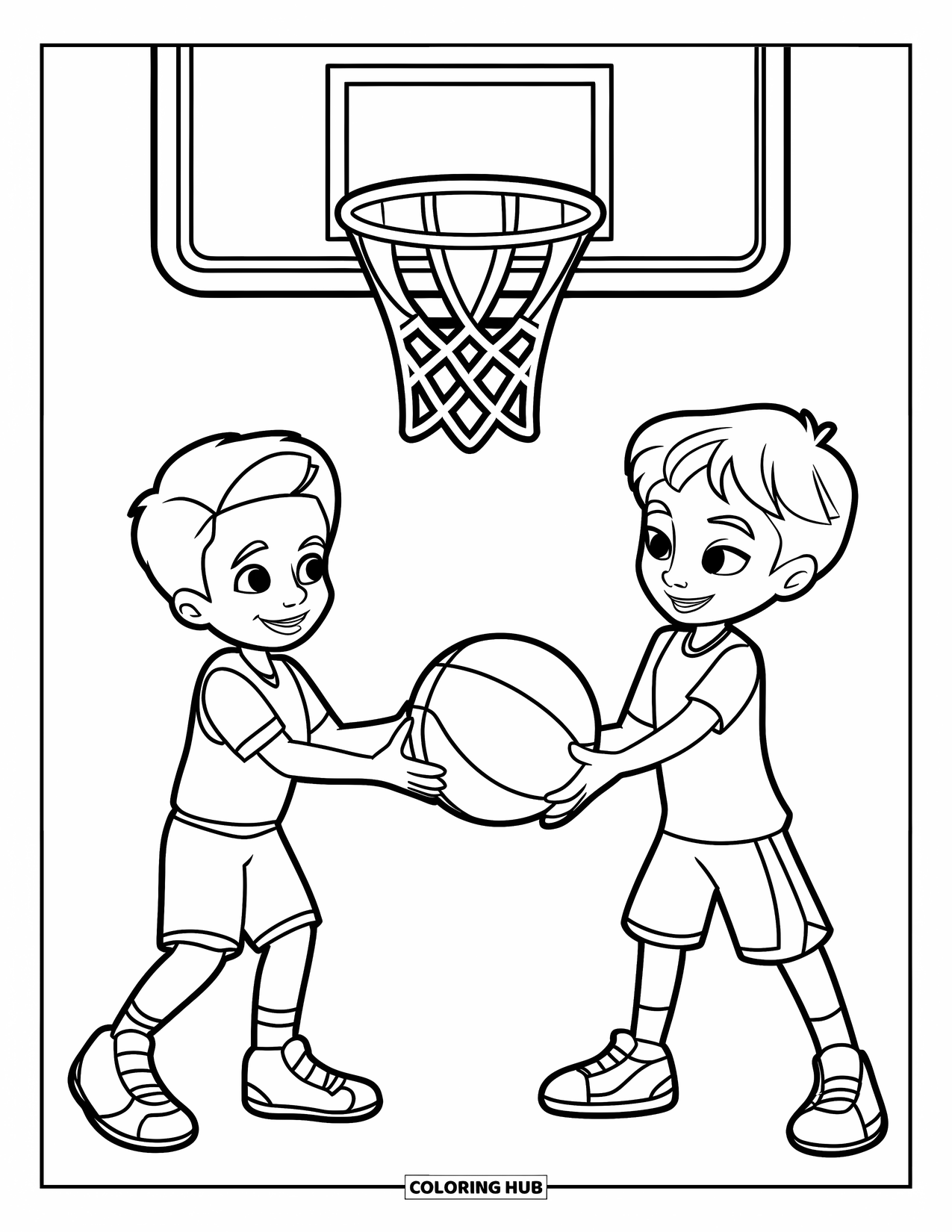 Basketbal Kleurplaat voor Kinderen: Twee kinderen glimlachen terwijl ze een basketbal passen in de buurt van een basket