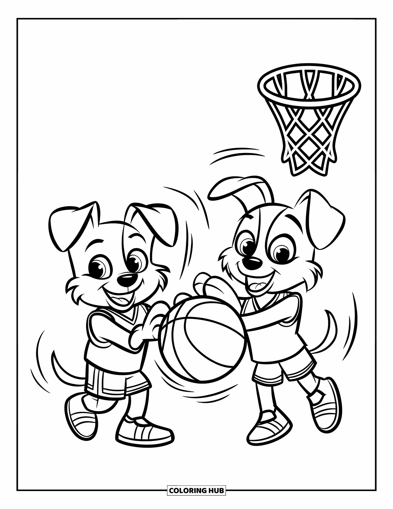 Basketbal Kleurplaat voor Kinderen: Twee speelse honden in shirts draaien een basketbal met een basket op de achtergrond