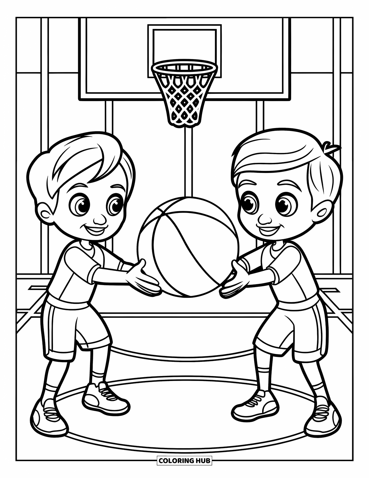 Basketbal Kleurplaat voor Kinderen: Twee glimlachende kinderen passen een basketbal heen en weer op het veld