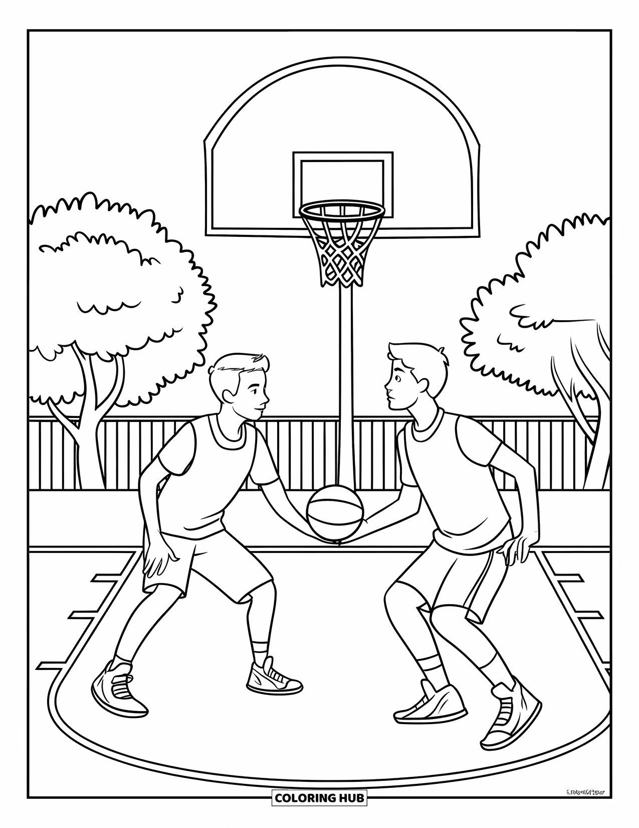 Basketbal Kleurplaat voor Kinderen: Twee tieners strijden in een één-op-één spel met “3 POINTS” boven de basket